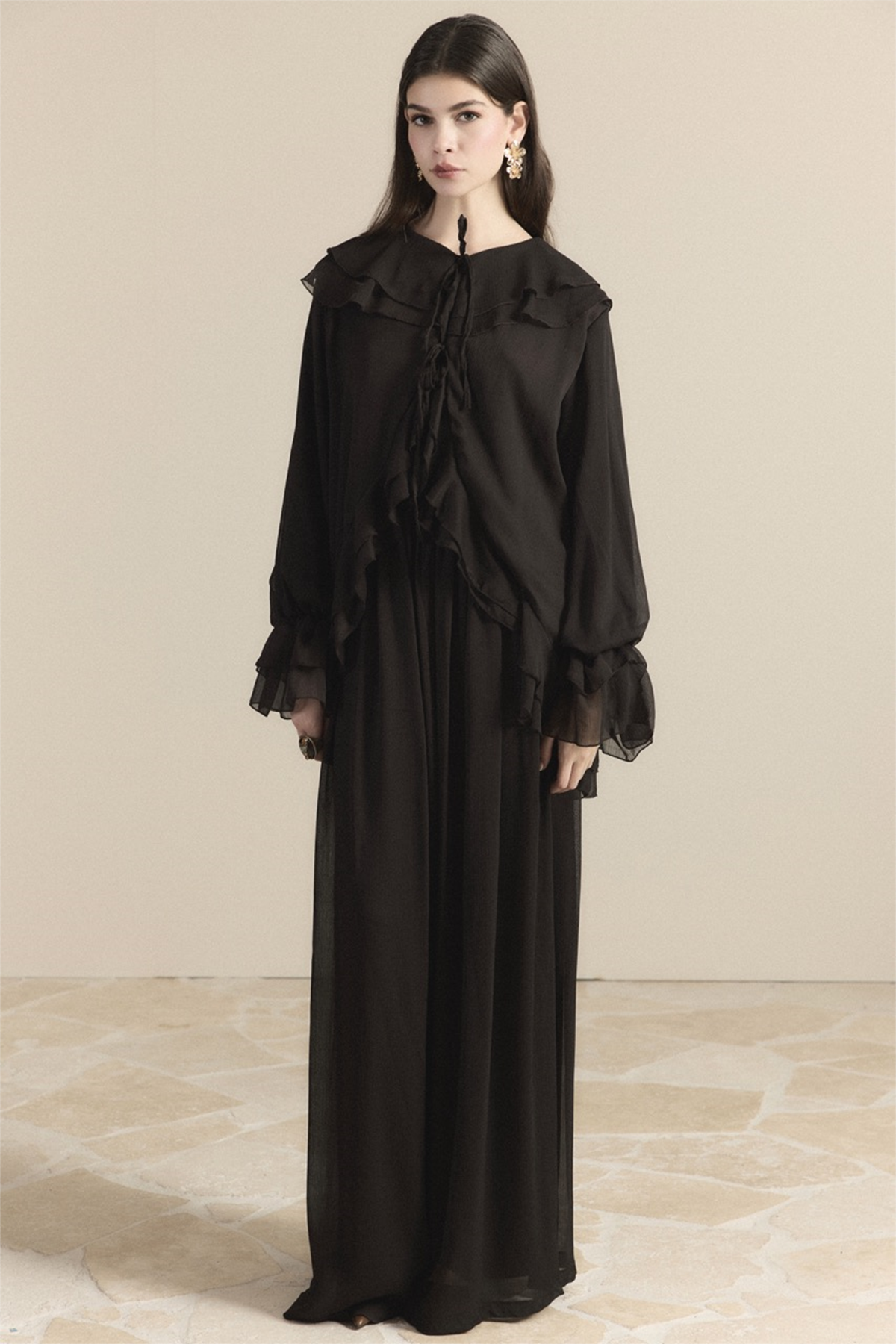 Yaka ve Kol Volanlı Şifon Takım - Acı Kahve