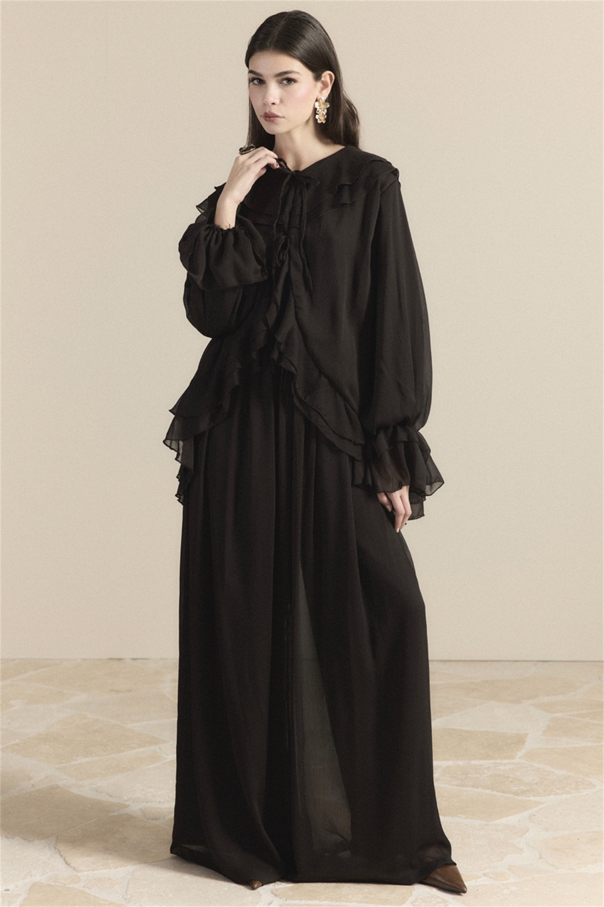 Yaka ve Kol Volanlı Şifon Takım - Acı Kahve