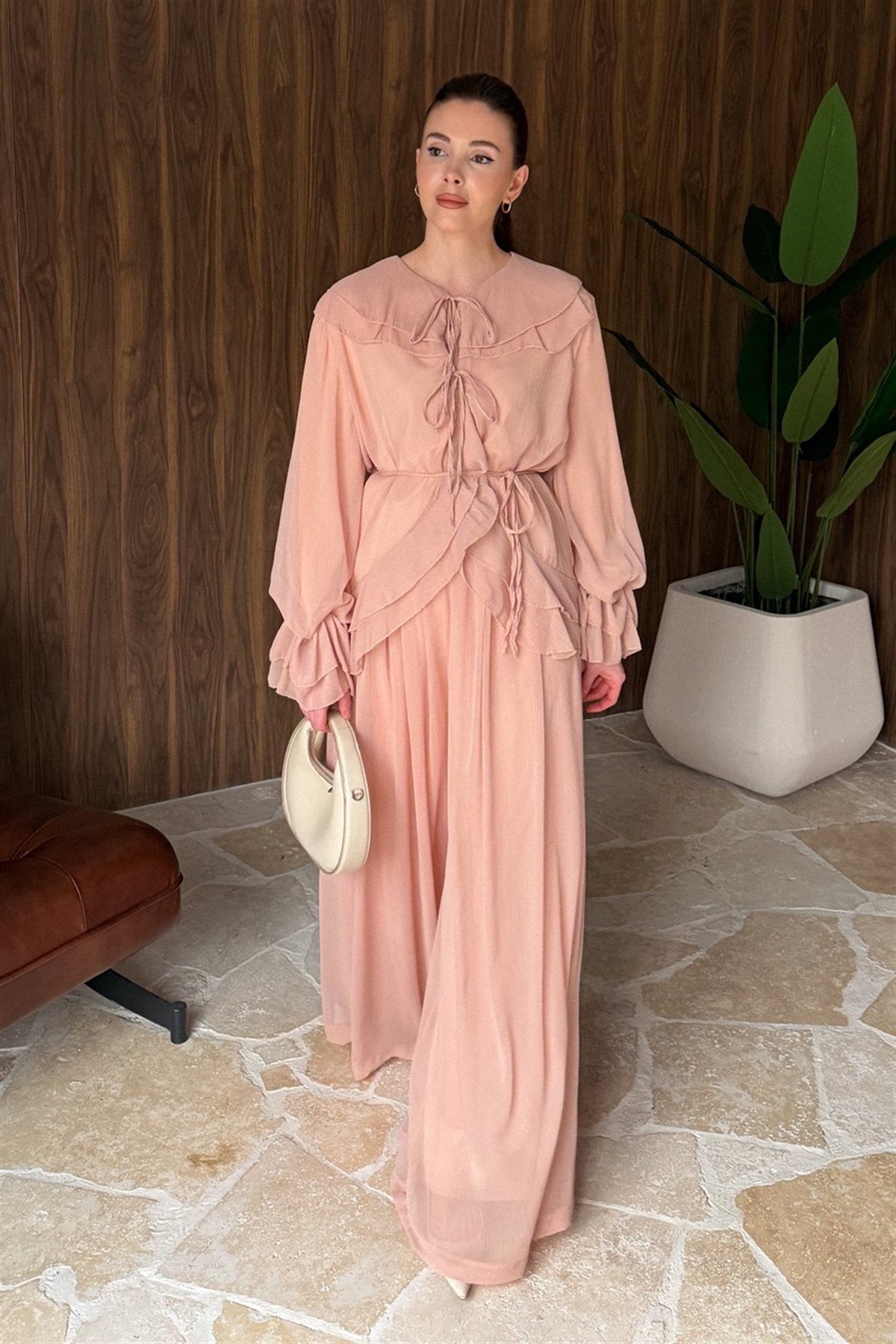 Yaka ve Kol Volanlı Şifon Takım - Bakır