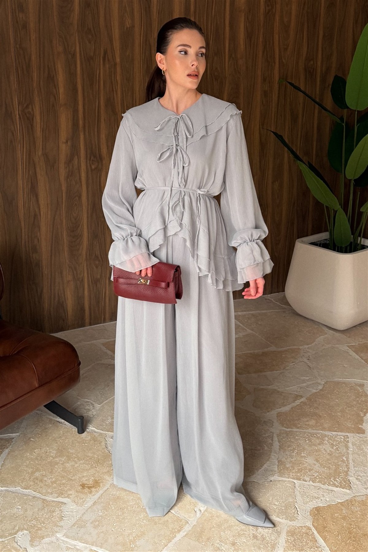 Yaka ve Kol Volanlı Şifon Takım - bebe mavisi