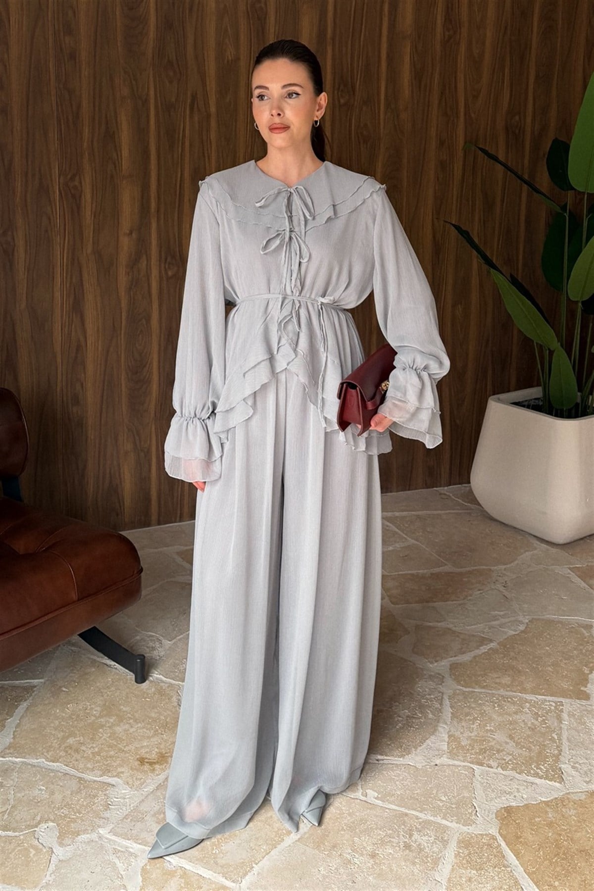 Yaka ve Kol Volanlı Şifon Takım - bebe mavisi