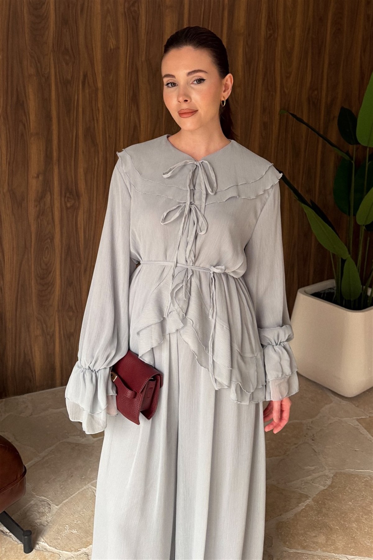 Yaka ve Kol Volanlı Şifon Takım - bebe mavisi