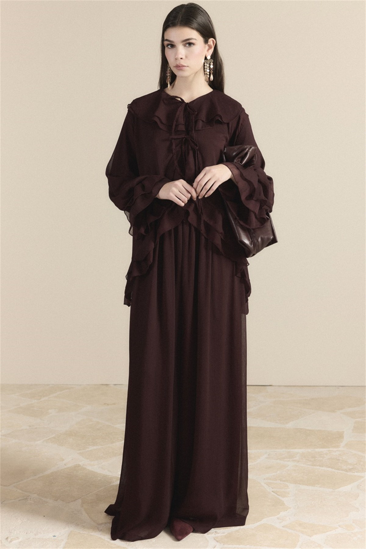 Yaka ve Kol Volanlı Şifon Takım - Bordo