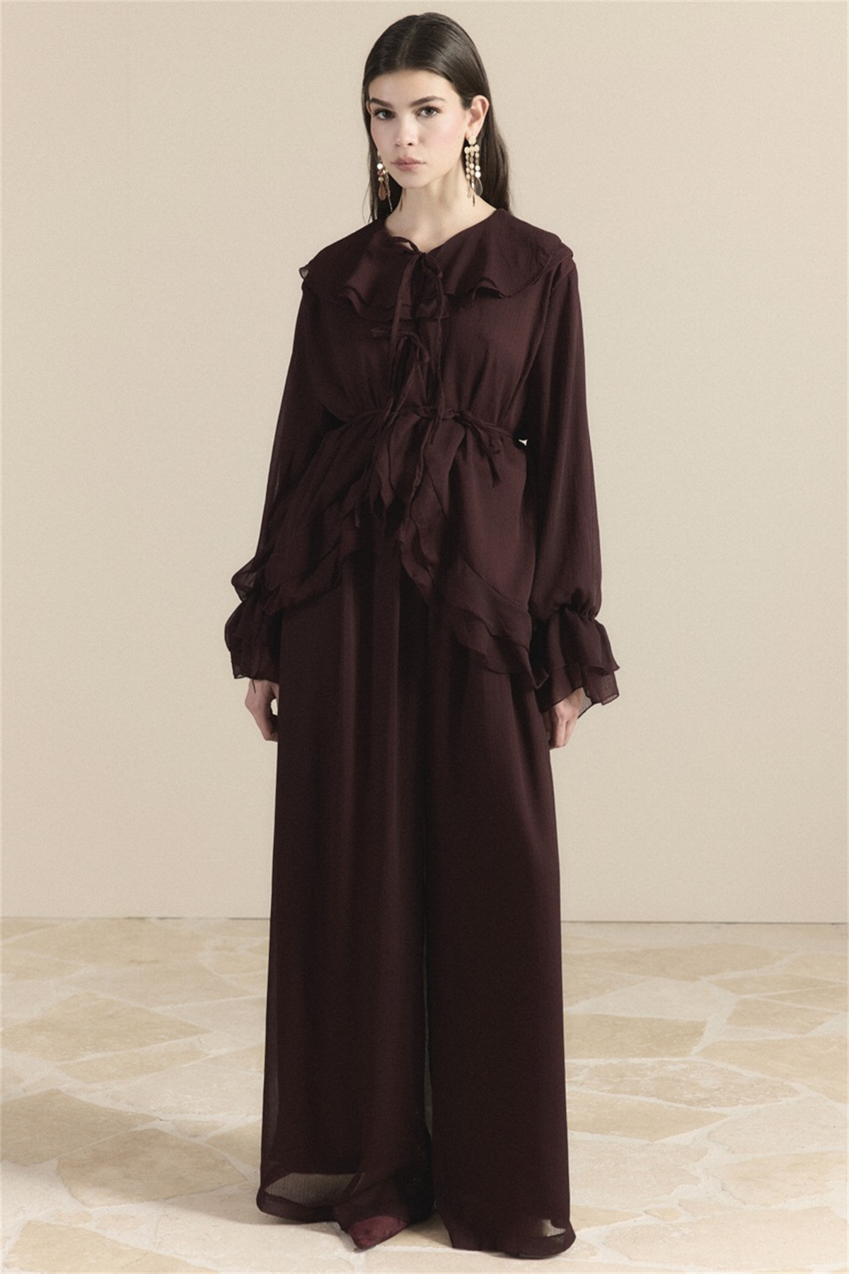 Yaka ve Kol Volanlı Şifon Takım - Bordo