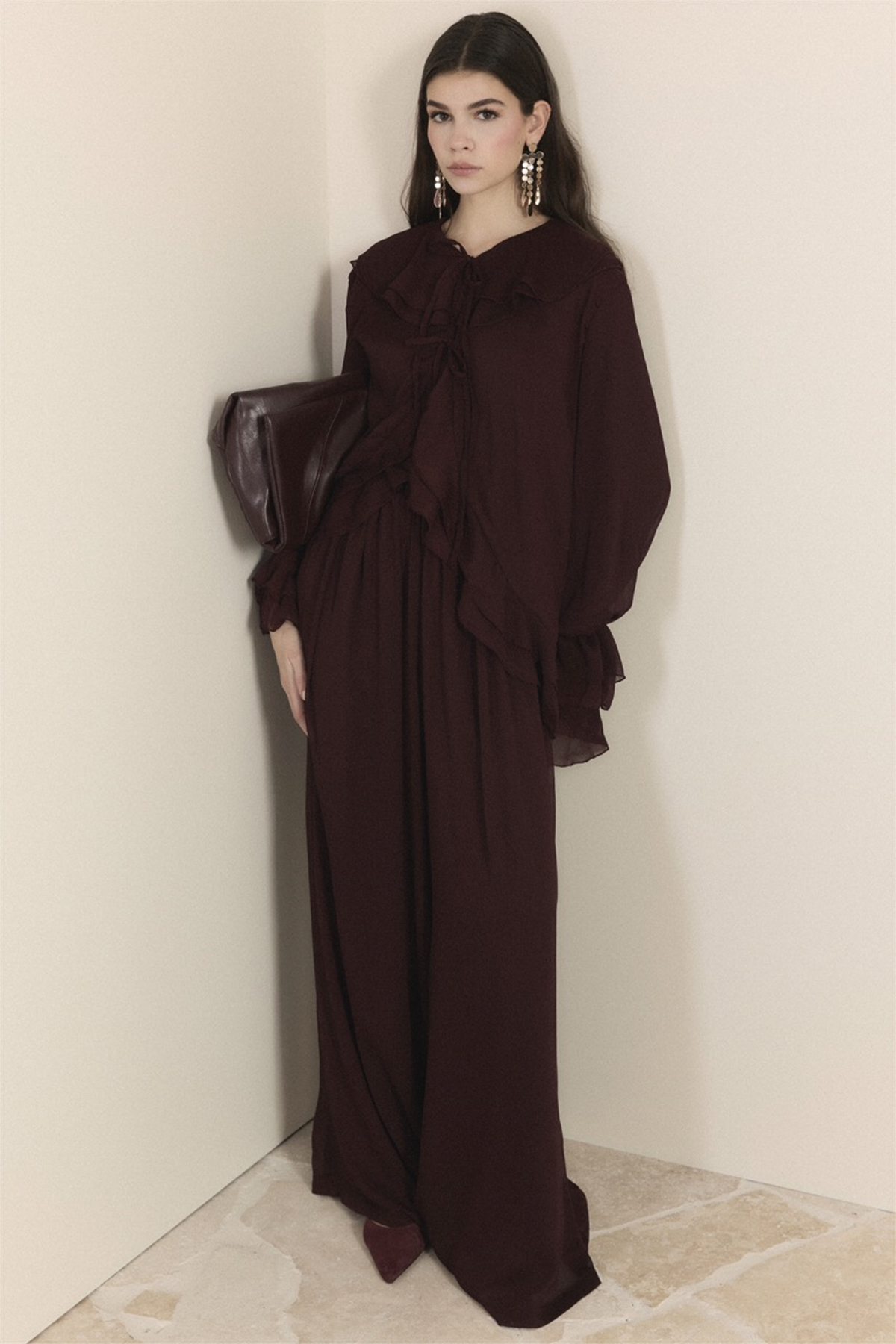 Yaka ve Kol Volanlı Şifon Takım - Bordo