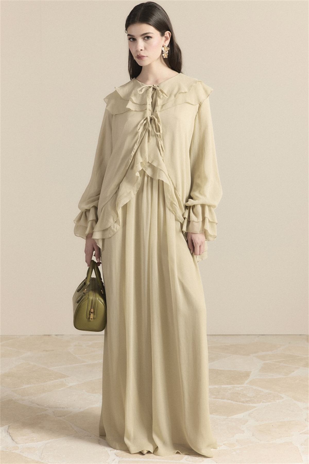 Yaka ve Kol Volanlı Şifon Takım - Butter Yellow