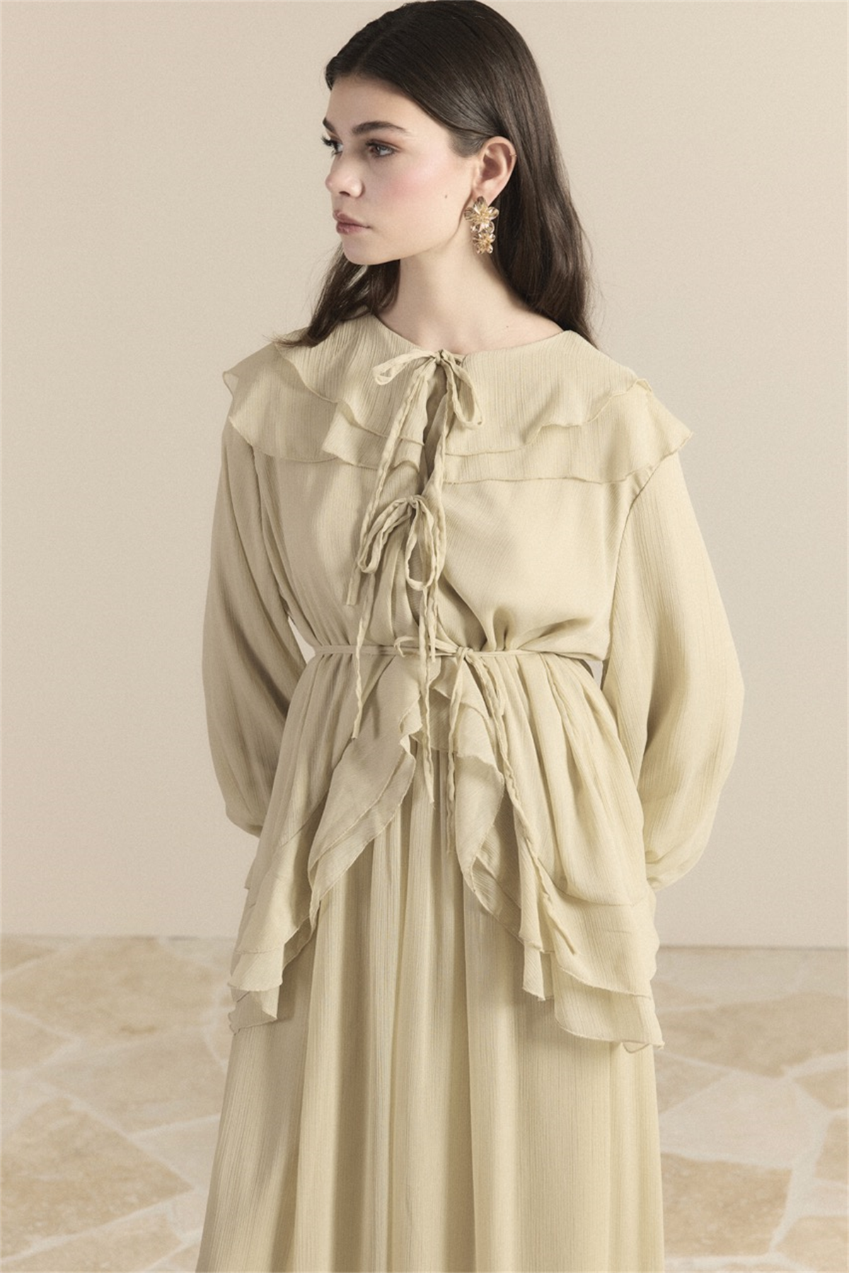 Yaka ve Kol Volanlı Şifon Takım - Butter Yellow