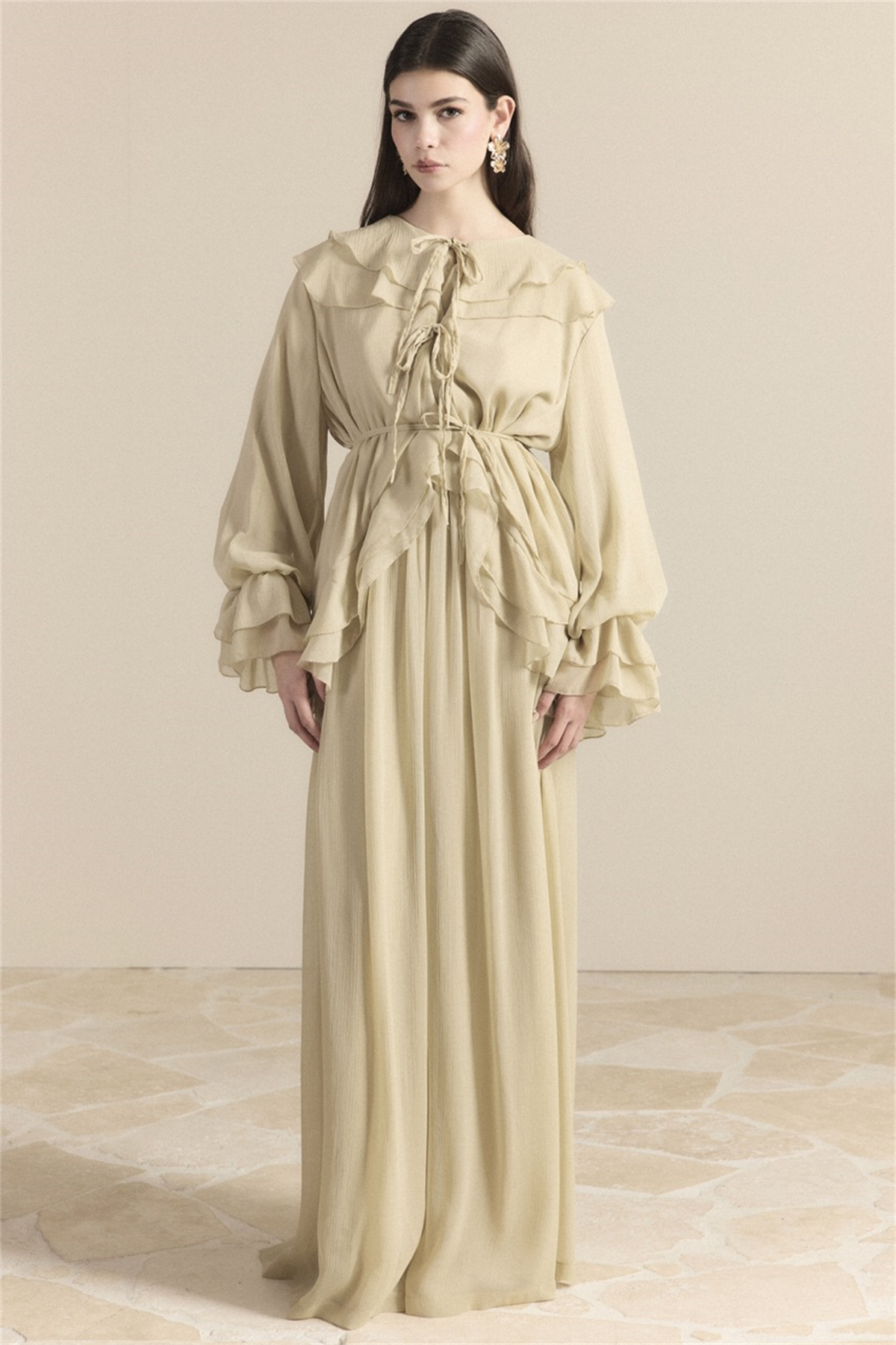 Yaka ve Kol Volanlı Şifon Takım - Butter Yellow