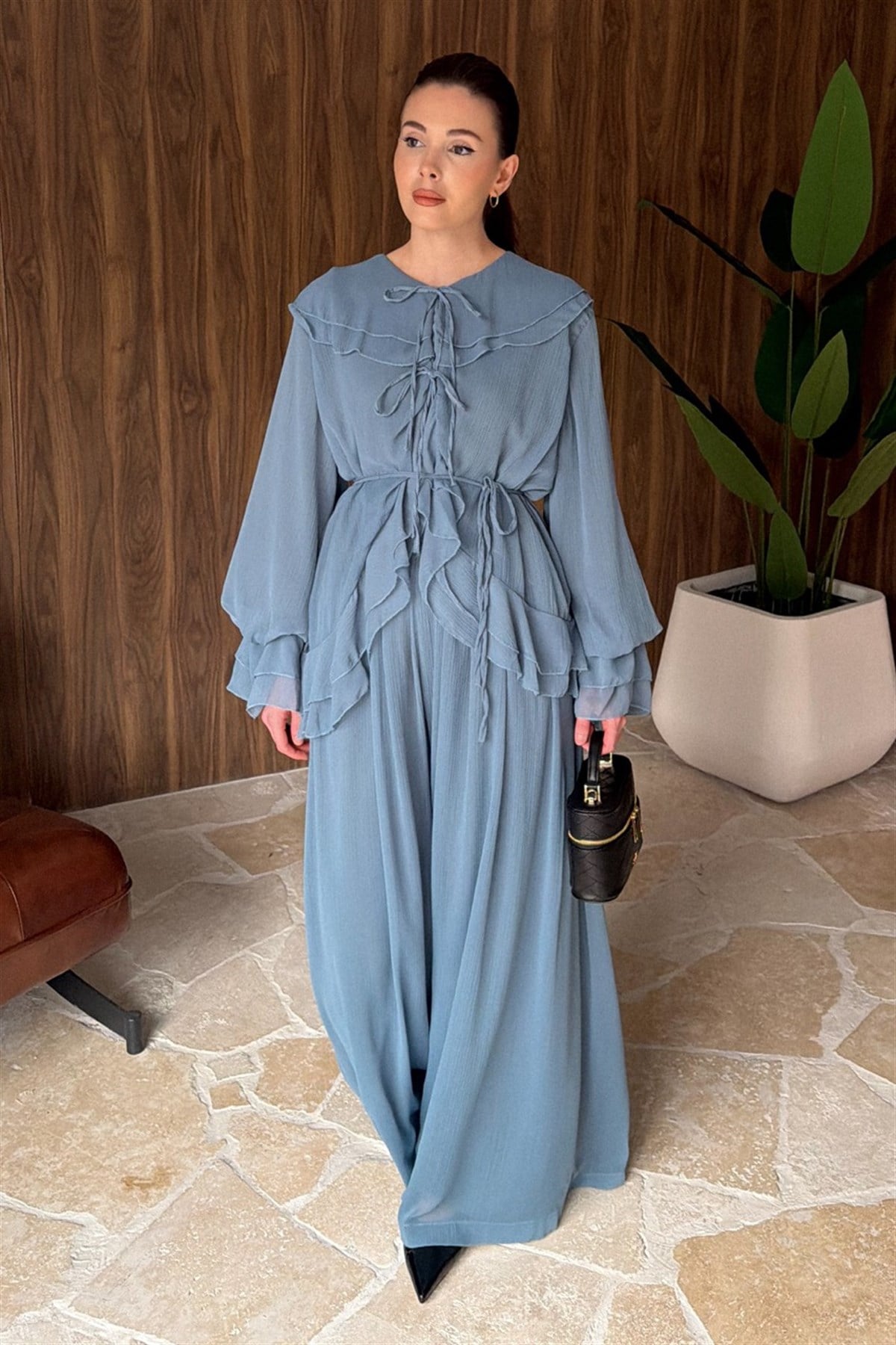 Yaka ve Kol Volanlı Şifon Takım - Petrol