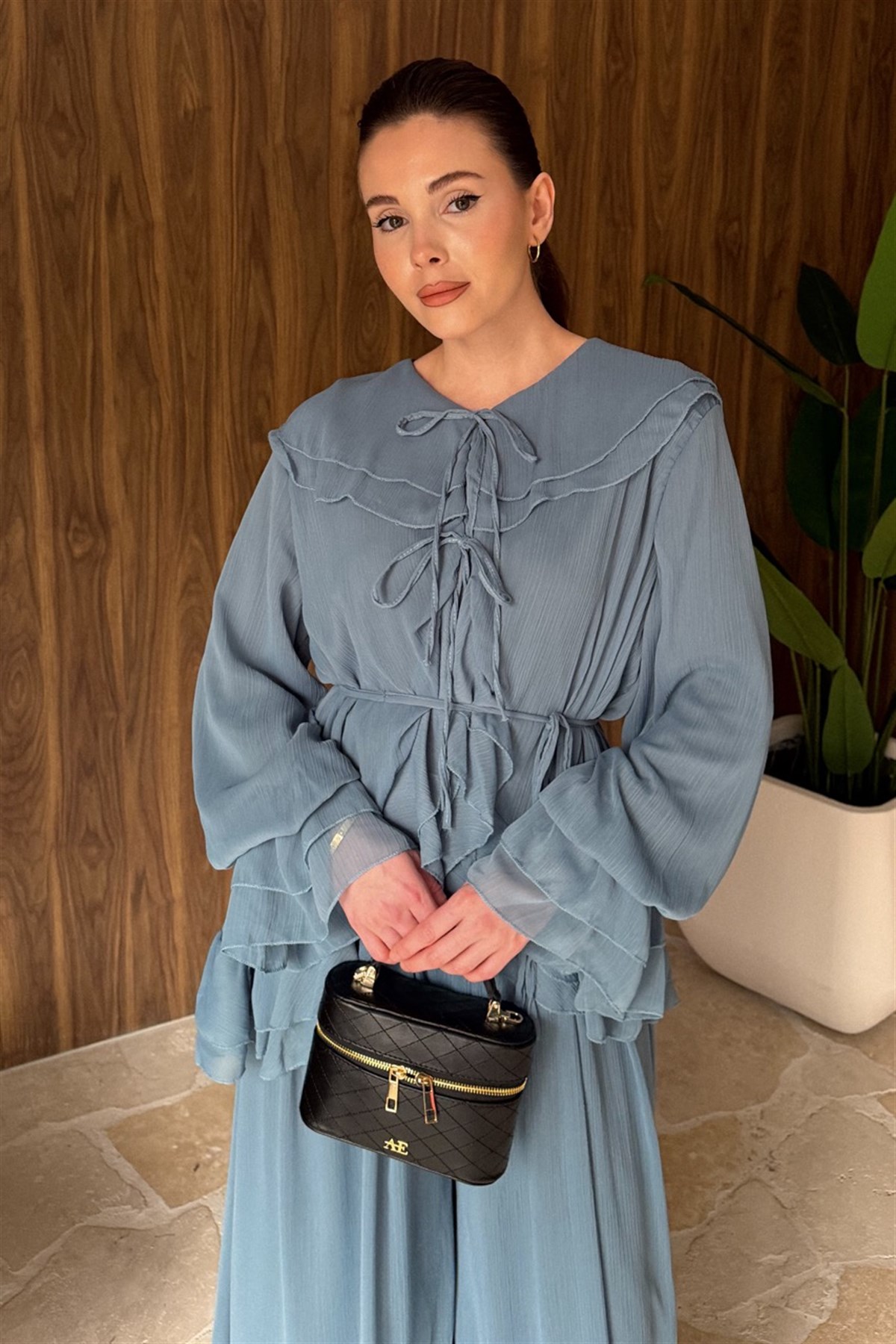 Yaka ve Kol Volanlı Şifon Takım - Petrol