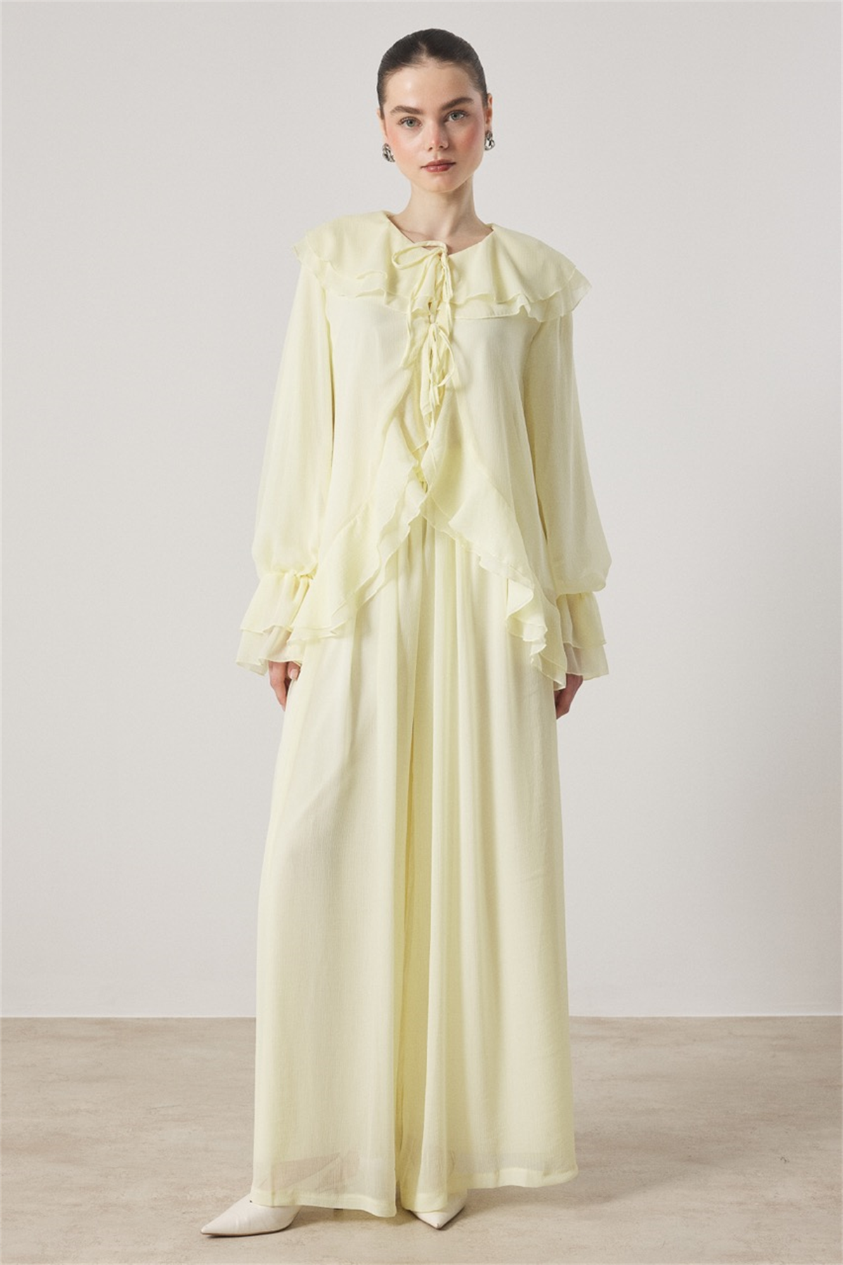 Yaka ve Kol Volanlı Şifon Takım - Sarı