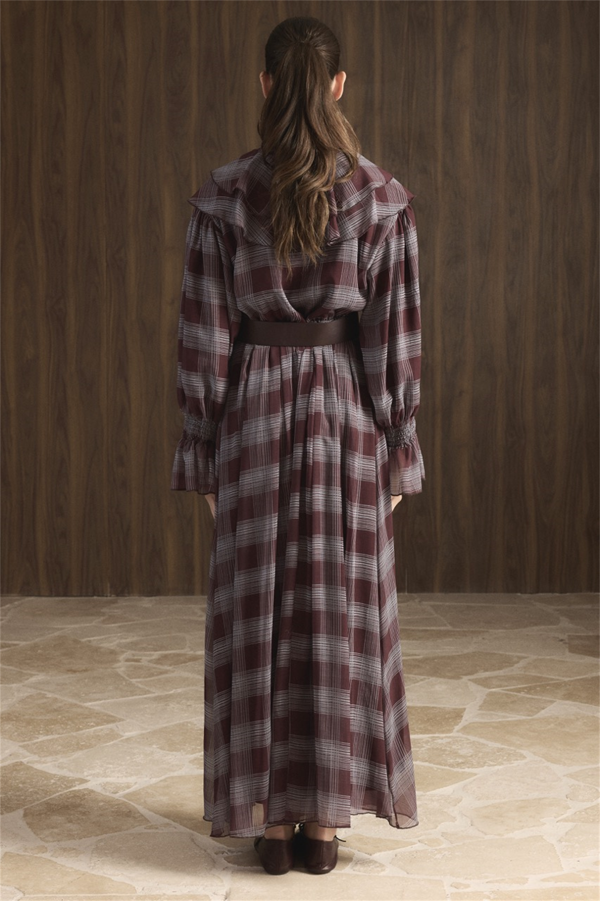 Yaka Volanlı Ekose Şifon Elbise - Bordo