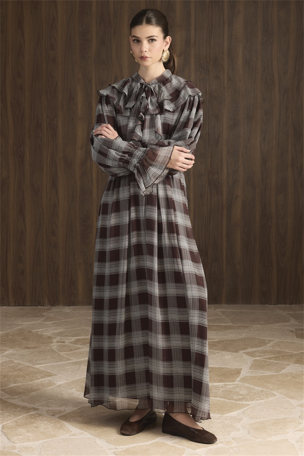 Yaka Volanlı Ekose Şifon Elbise - Kahve