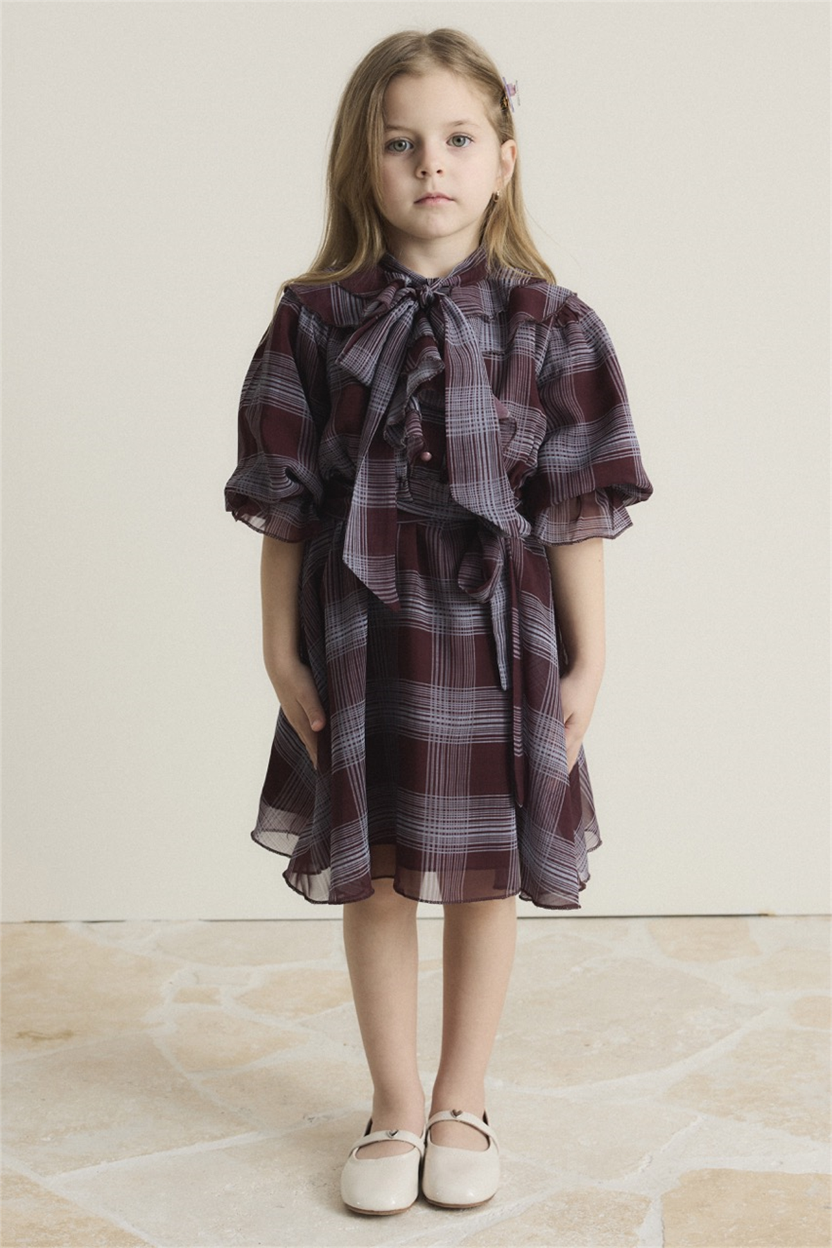 Yaka Volanlı Şifon Ekose Elbise - Bordo