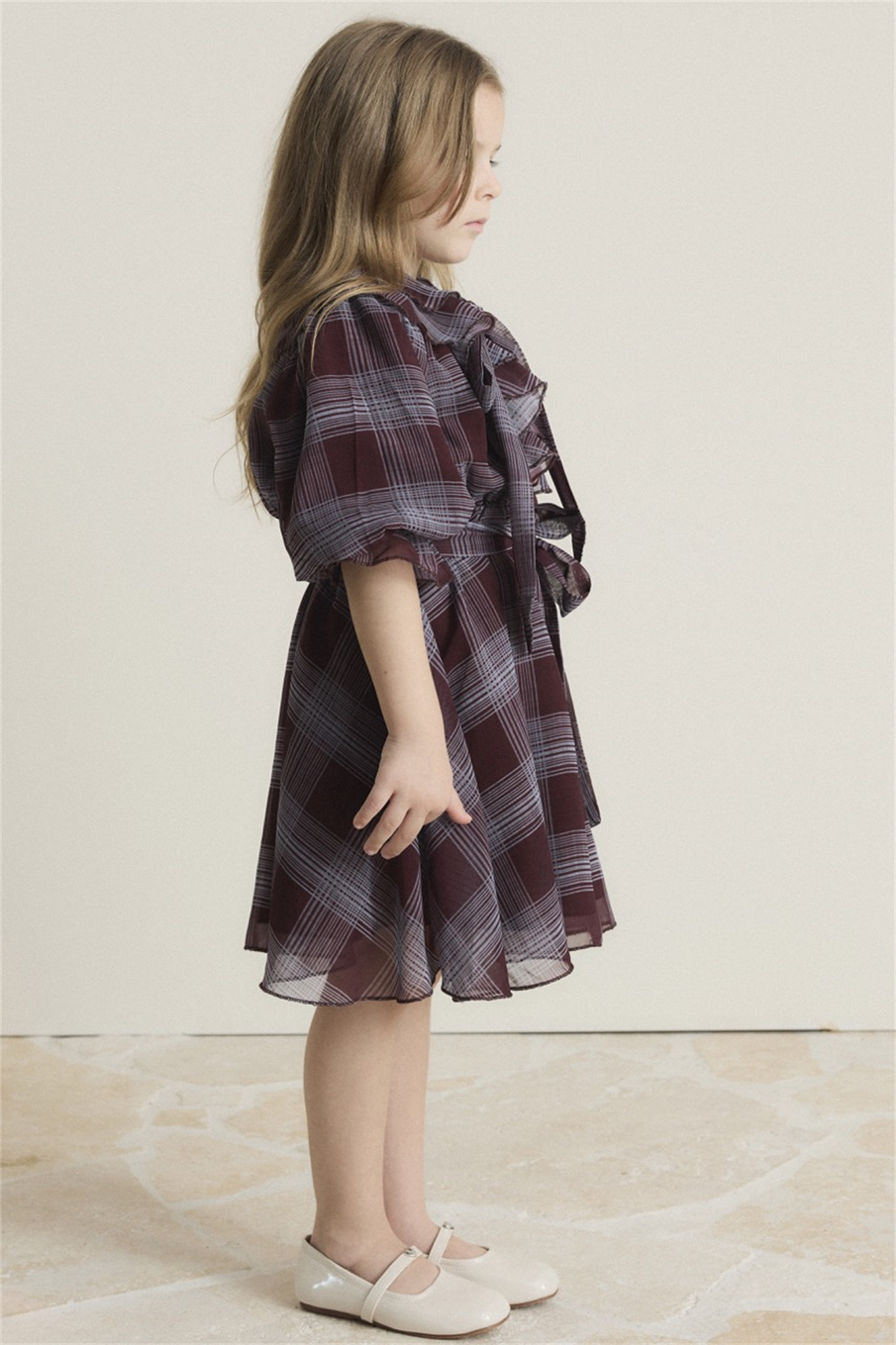 Yaka Volanlı Şifon Ekose Elbise - Bordo