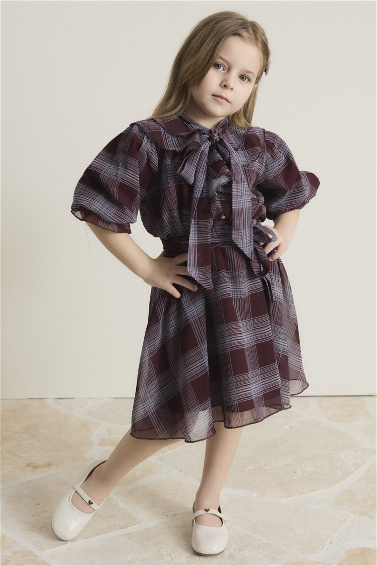 Yaka Volanlı Şifon Ekose Elbise - Bordo