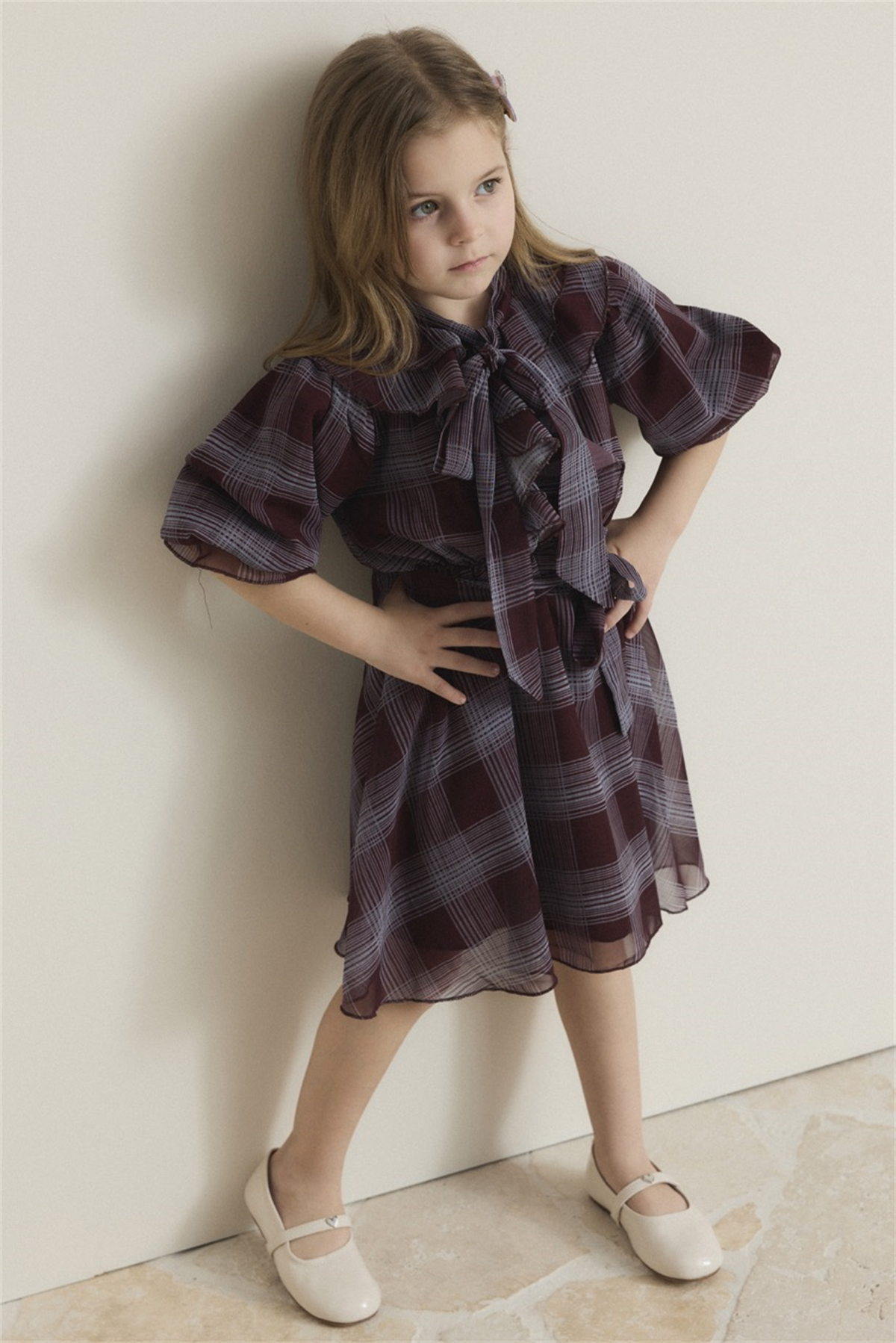 Yaka Volanlı Şifon Ekose Elbise - Bordo