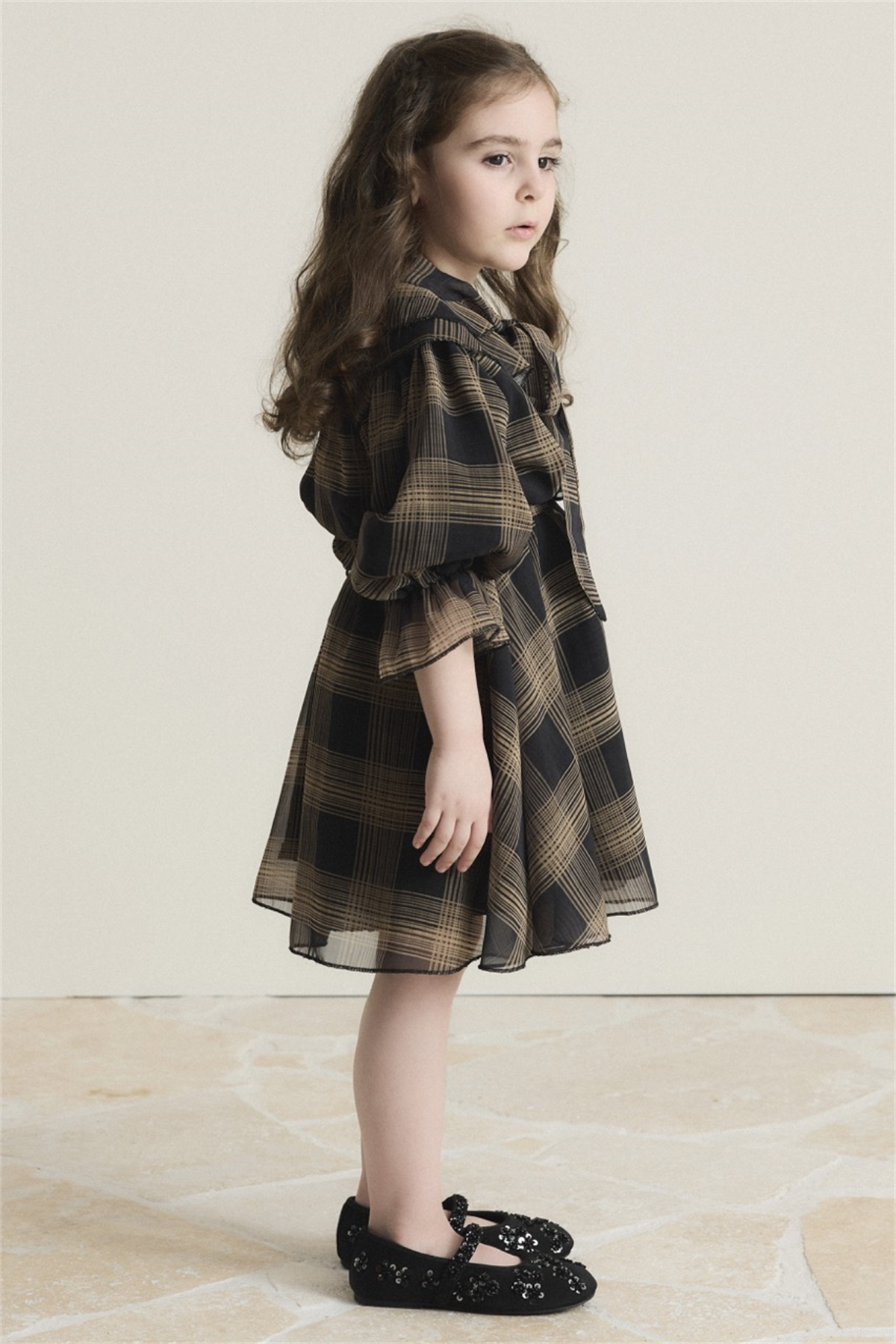 Yaka Volanlı Şifon Ekose Elbise - Siyah