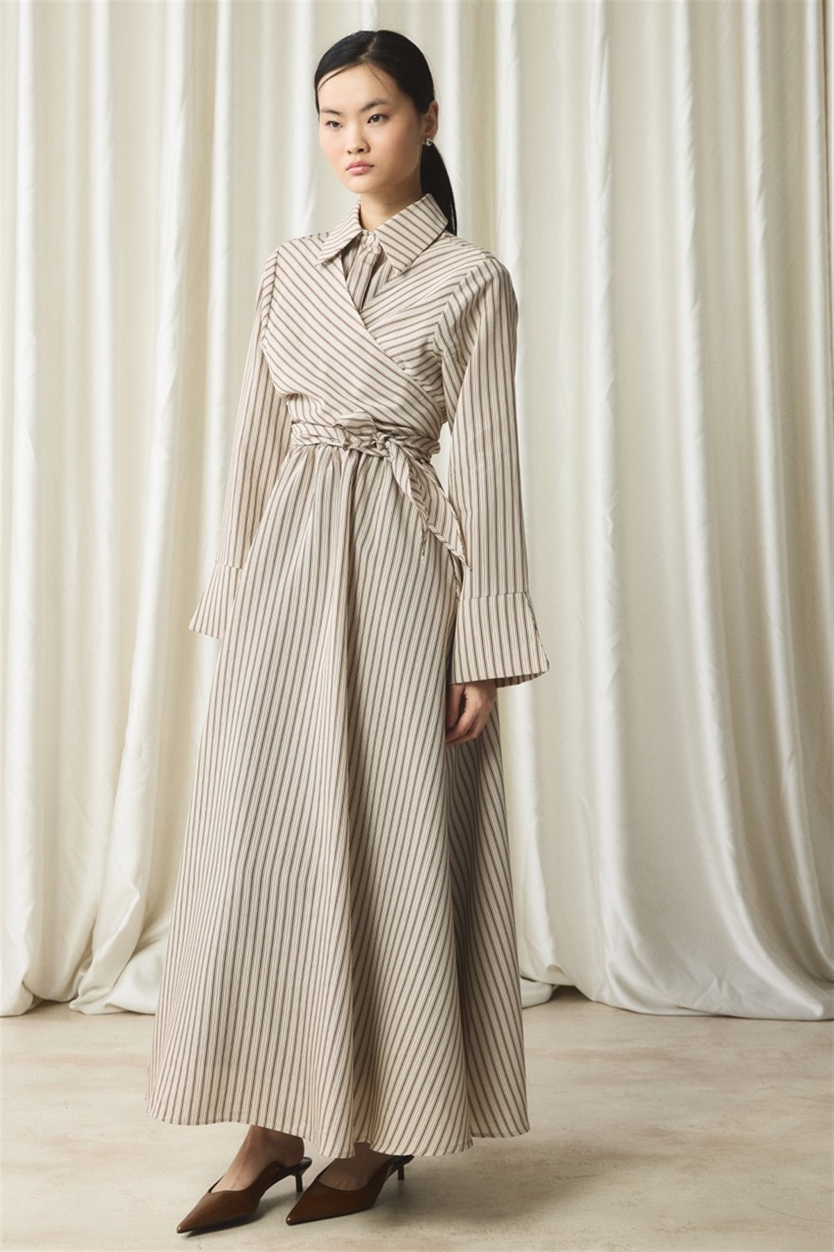 Yandan Bağlamalı Çizgili Elbise - Kahve