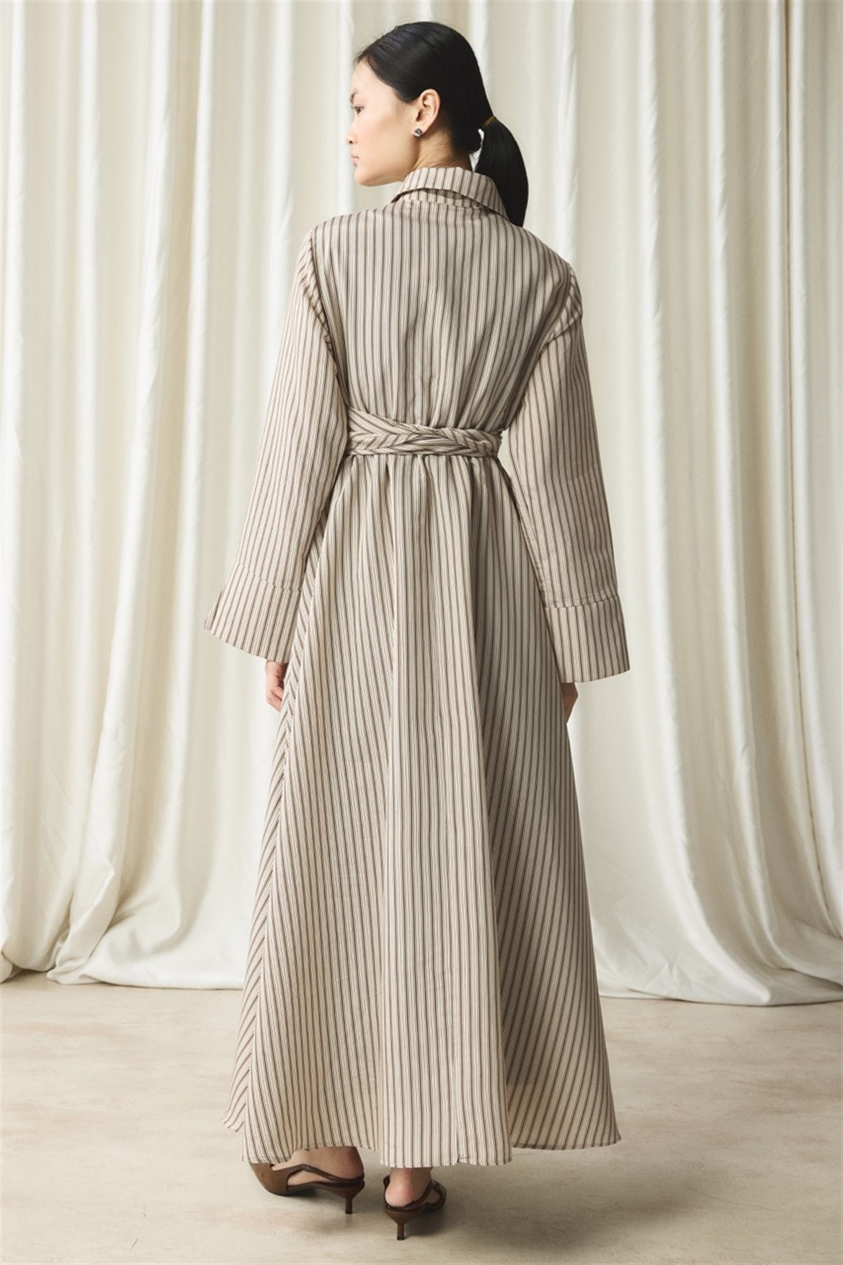 Yandan Bağlamalı Çizgili Elbise - Kahve