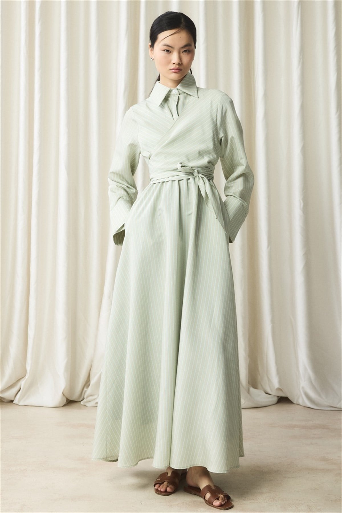 Yandan Bağlamalı Çizgili Elbise - Mint