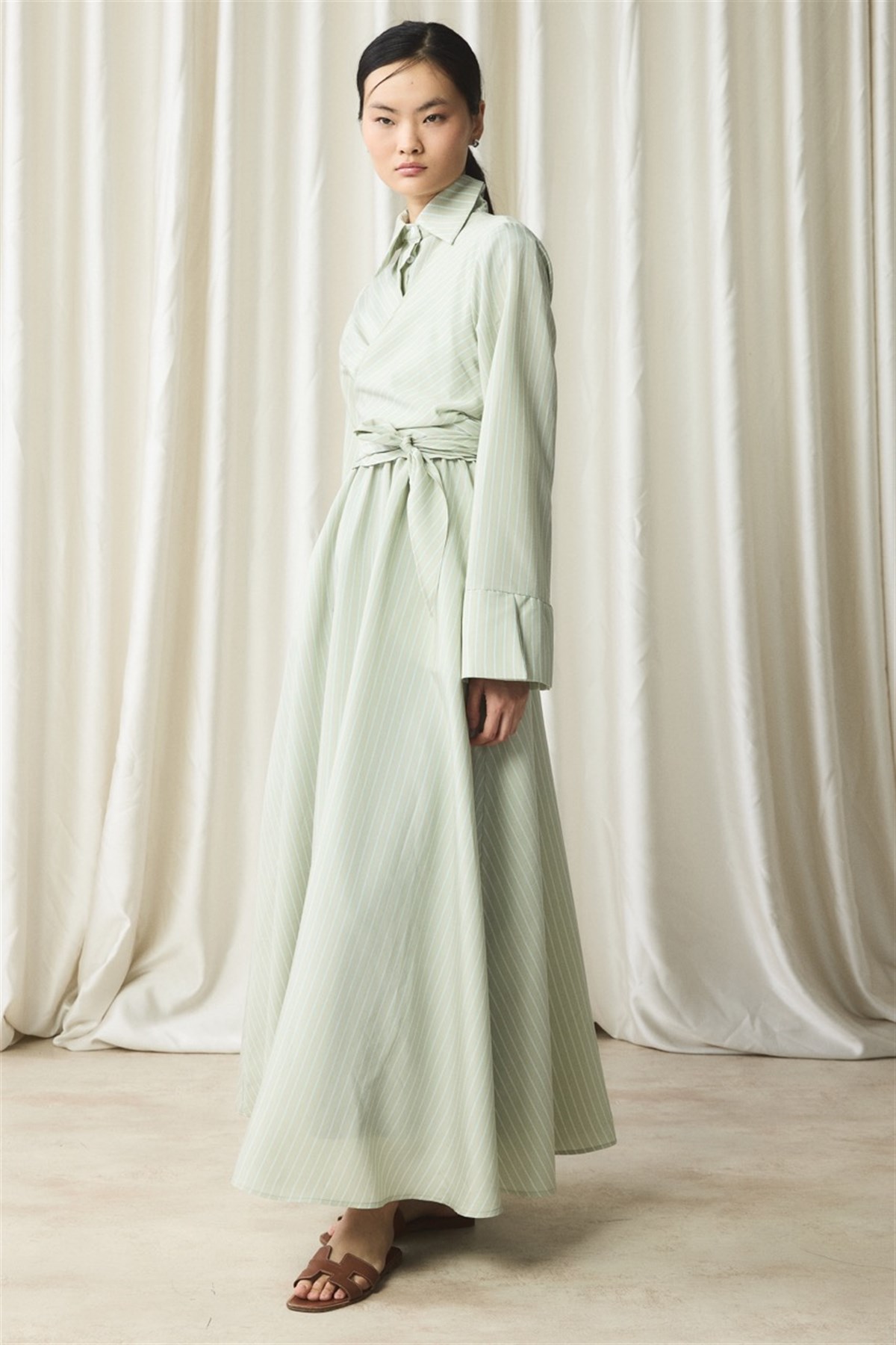 Yandan Bağlamalı Çizgili Elbise - Mint