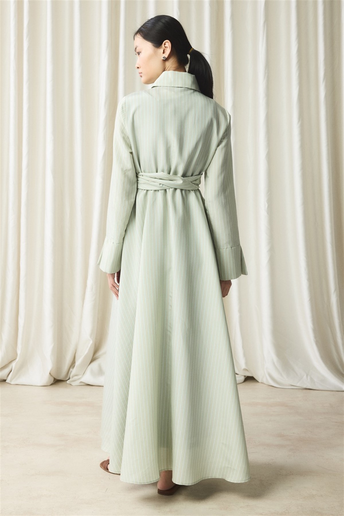 Yandan Bağlamalı Çizgili Elbise - Mint