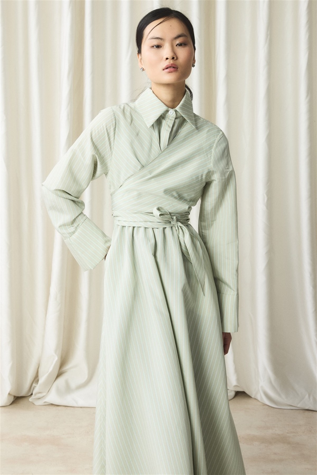 Yandan Bağlamalı Çizgili Elbise - Mint