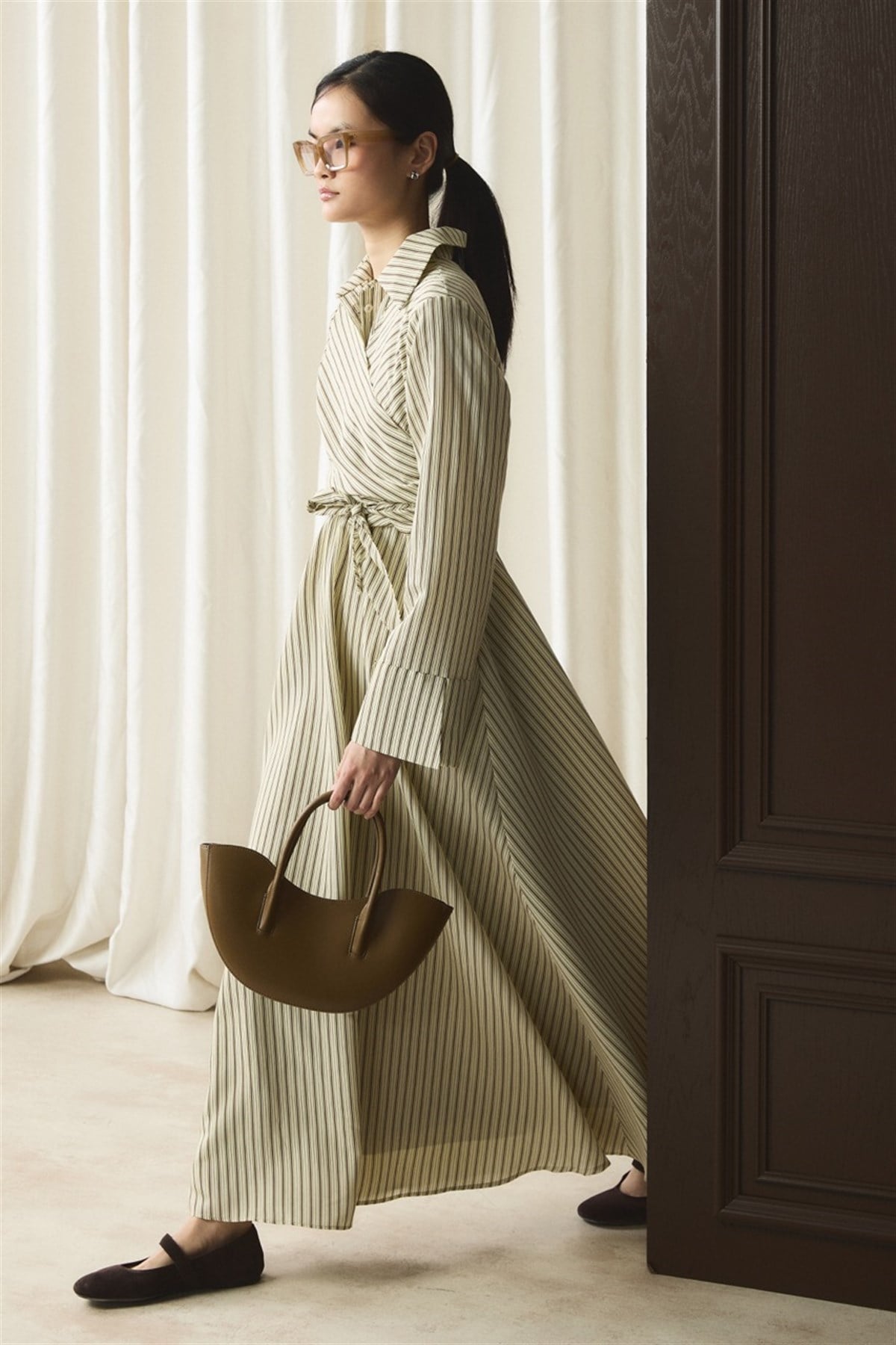 Yandan Bağlamalı Çizgili Elbise - Sarı