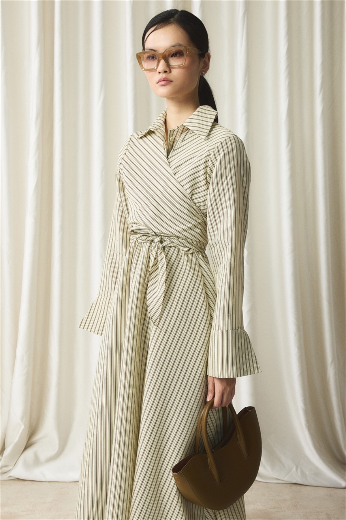 Yandan Bağlamalı Çizgili Elbise - Sarı