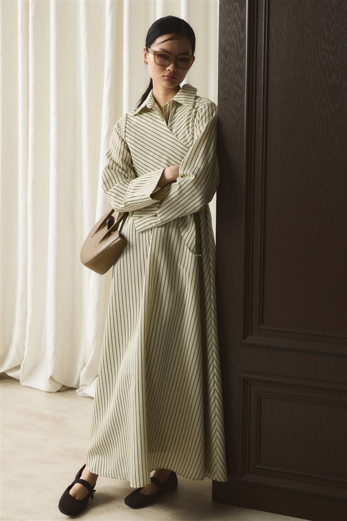 Yandan Bağlamalı Çizgili Elbise - Sarı