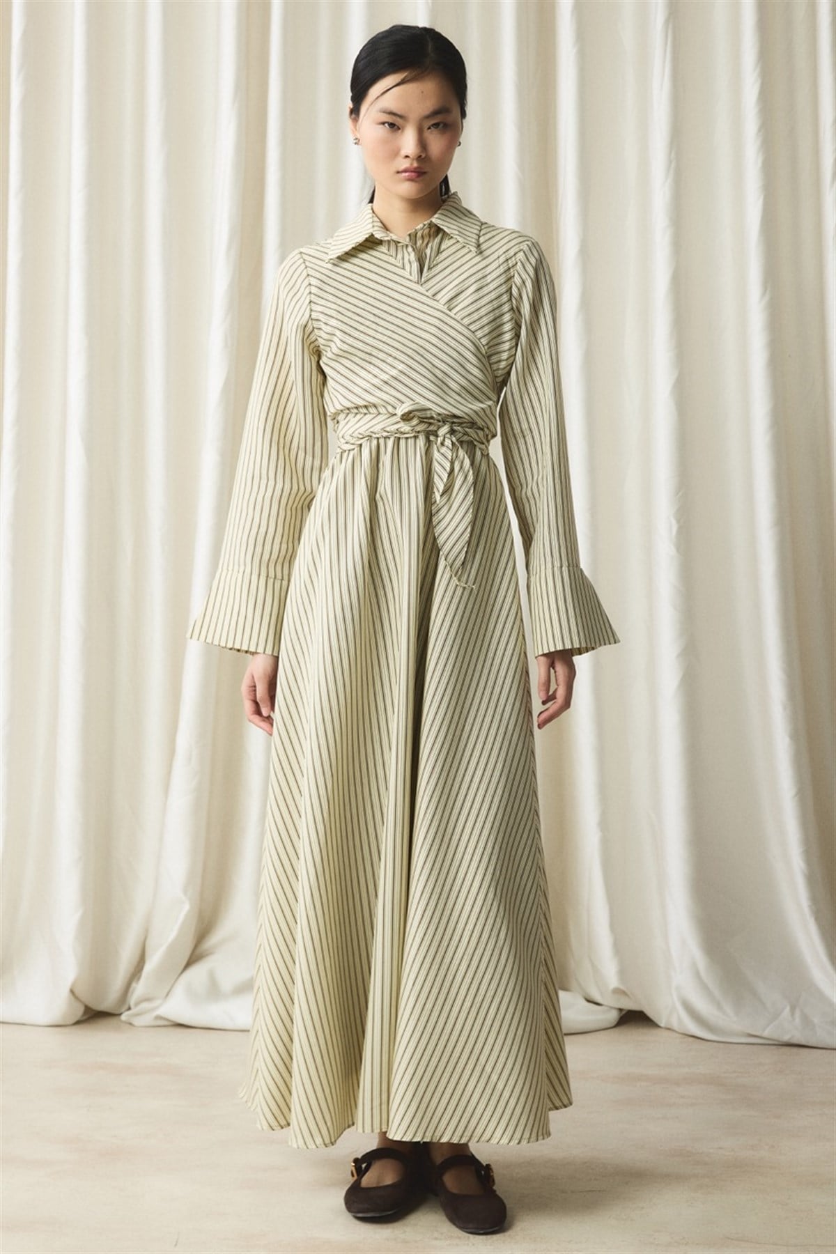 Yandan Bağlamalı Çizgili Elbise - Sarı