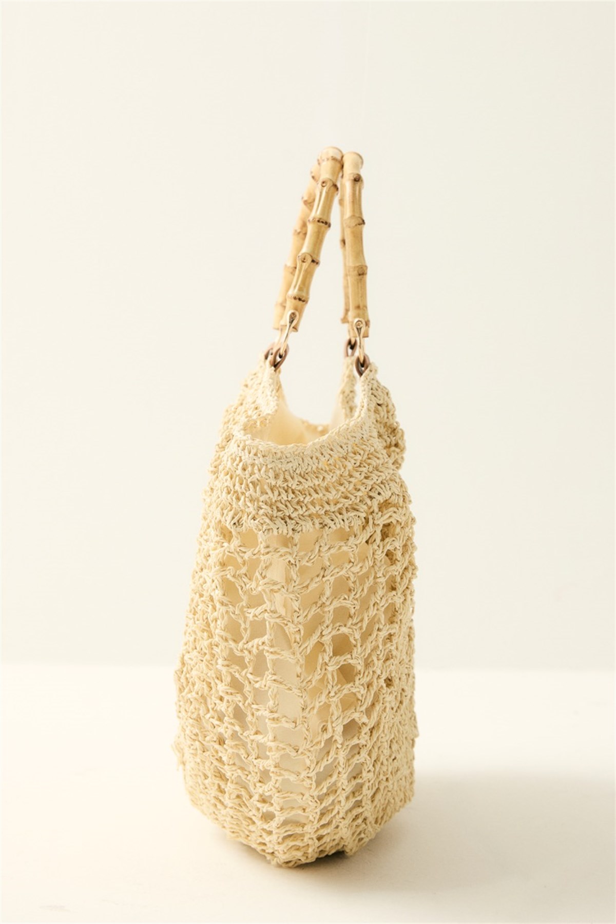 Yarım Ay Bambu Kulplu Hasır Çanta - Bej