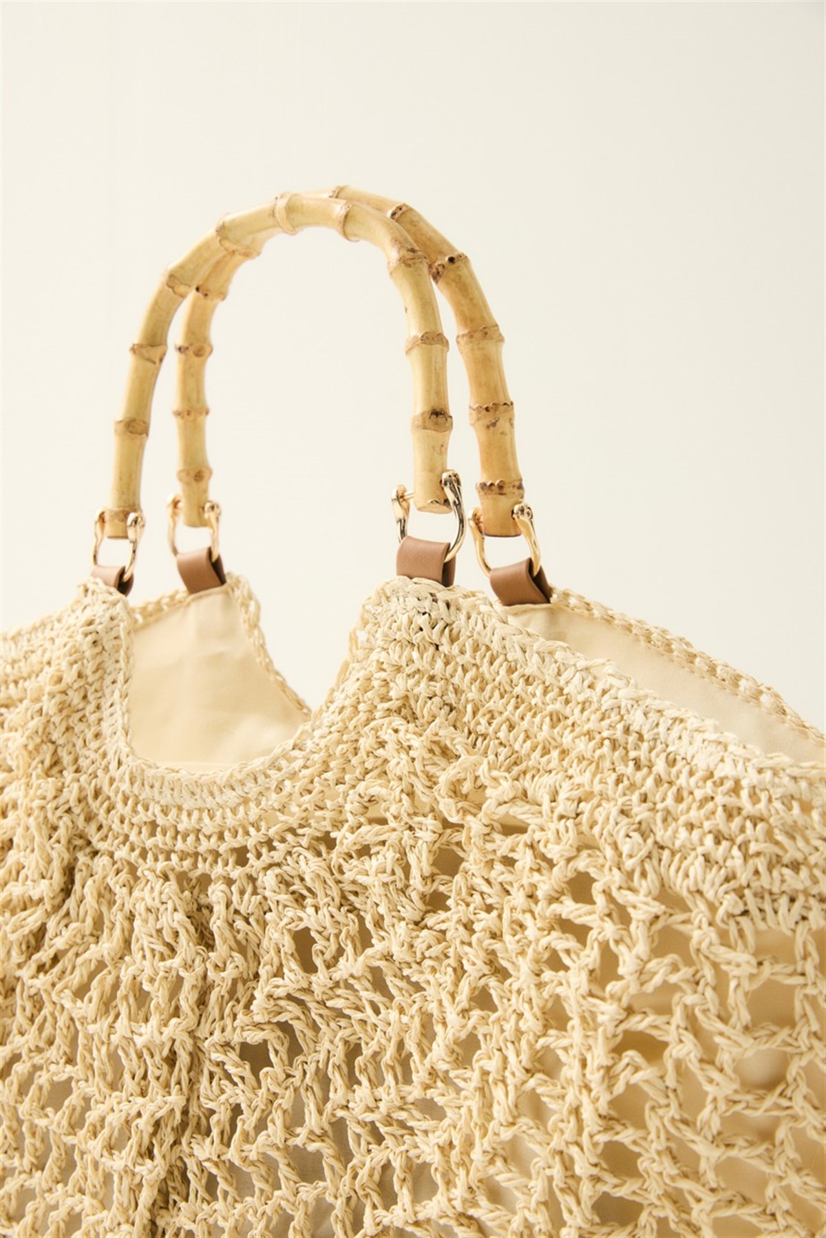 Yarım Ay Bambu Kulplu Hasır Çanta - Bej