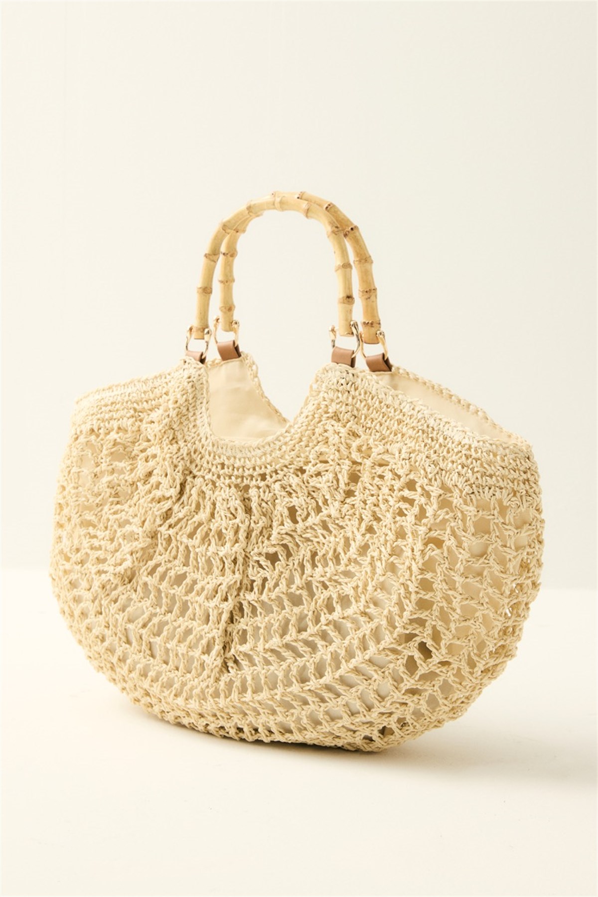Yarım Ay Bambu Kulplu Hasır Çanta - Bej