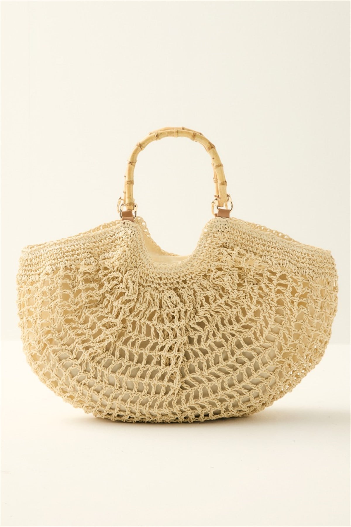 Yarım Ay Bambu Kulplu Hasır Çanta - Bej