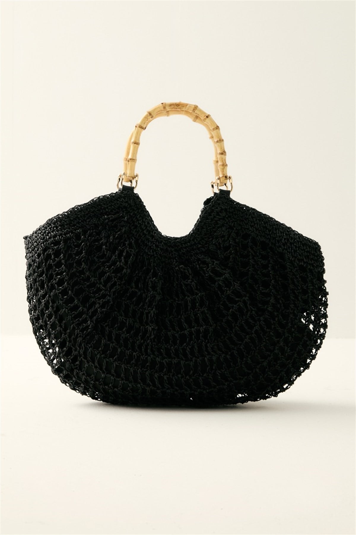 Yarım Ay Bambu Kulplu Hasır Çanta - Siyah