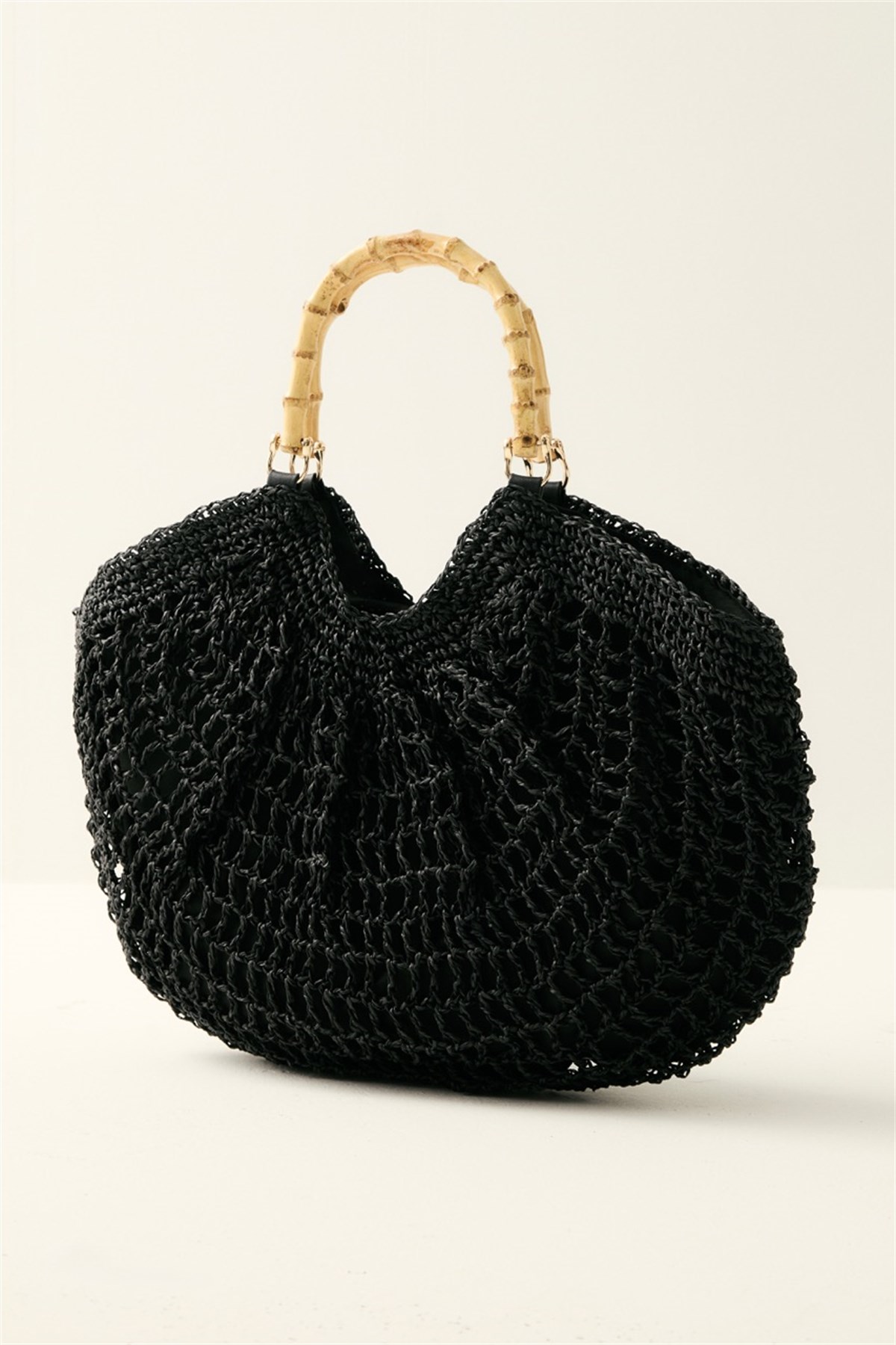Yarım Ay Bambu Kulplu Hasır Çanta - Siyah