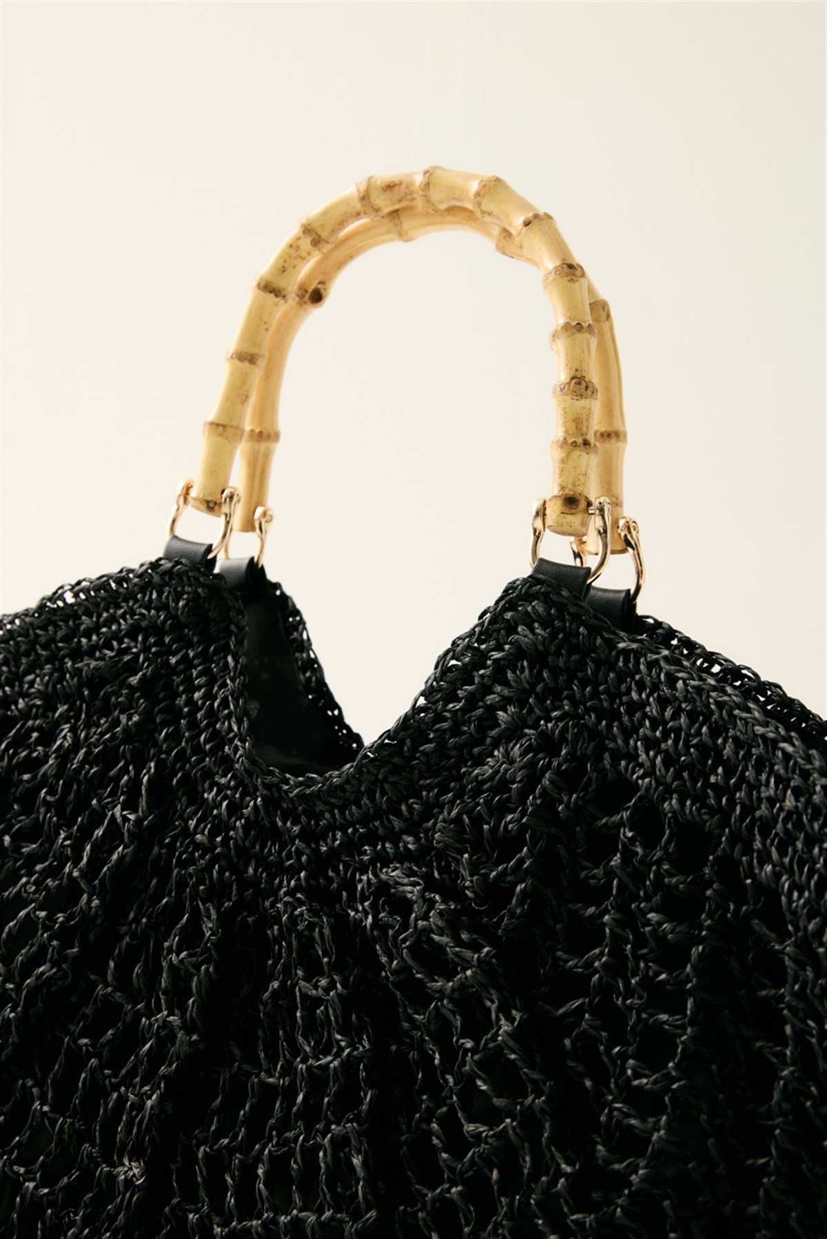 Yarım Ay Bambu Kulplu Hasır Çanta - Siyah