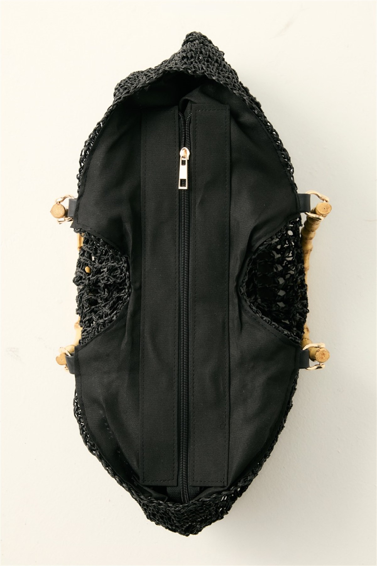 Yarım Ay Bambu Kulplu Hasır Çanta - Siyah