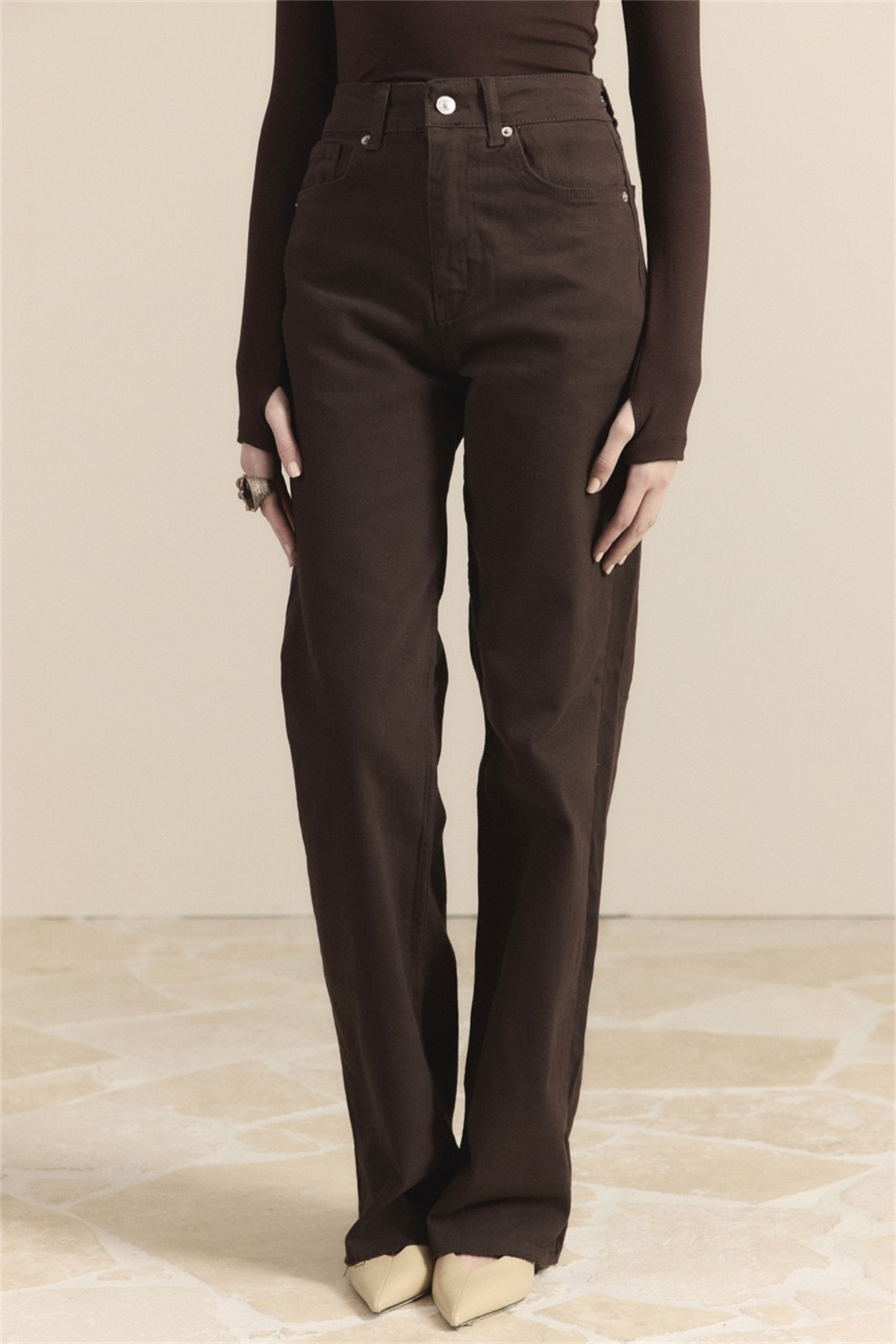 Yüksek Bel Straight Kot Pantolon - Kahve