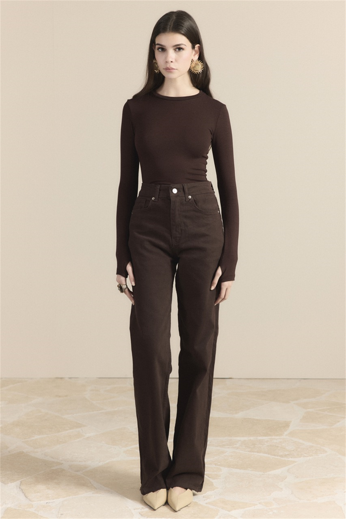 Yüksek Bel Straight Kot Pantolon - Kahve