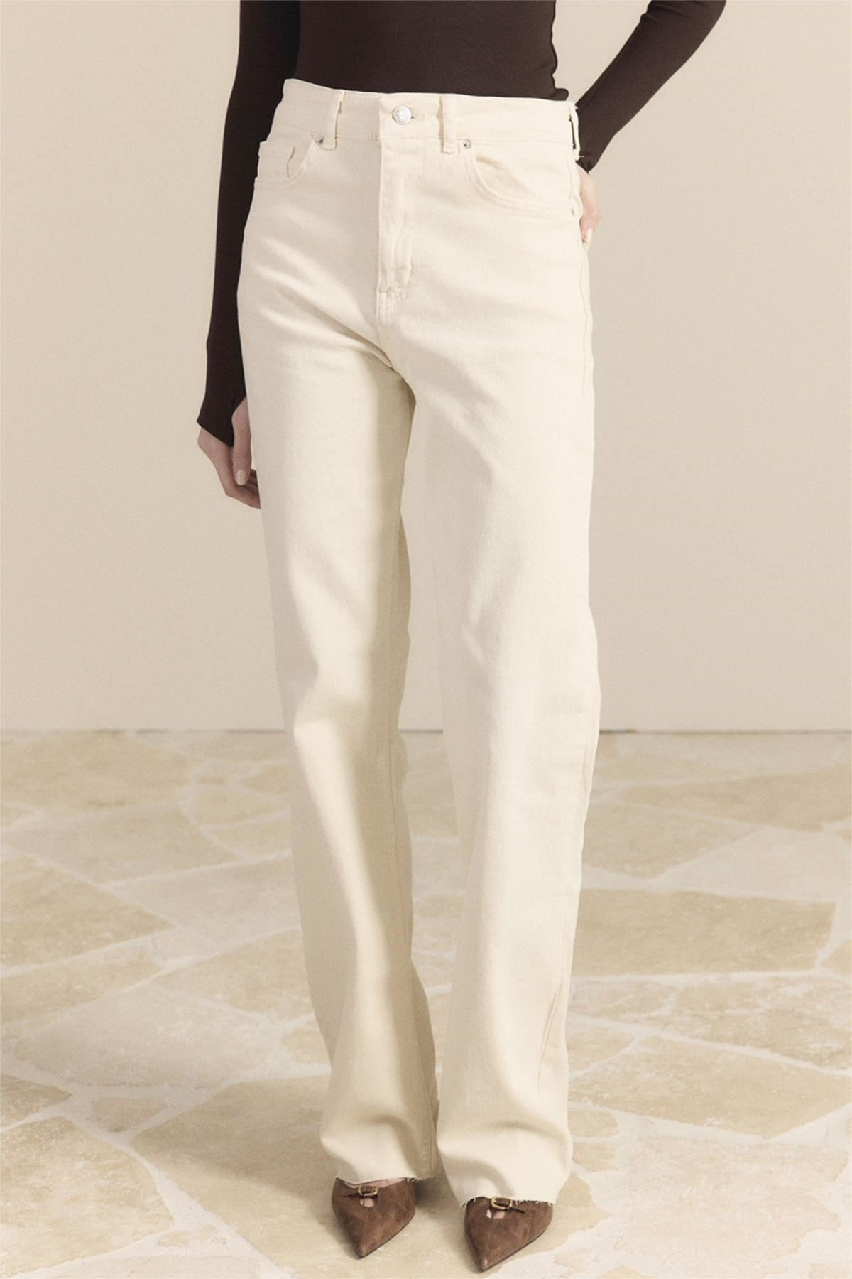 Yüksek Bel Straight Kot Pantolon - Krem