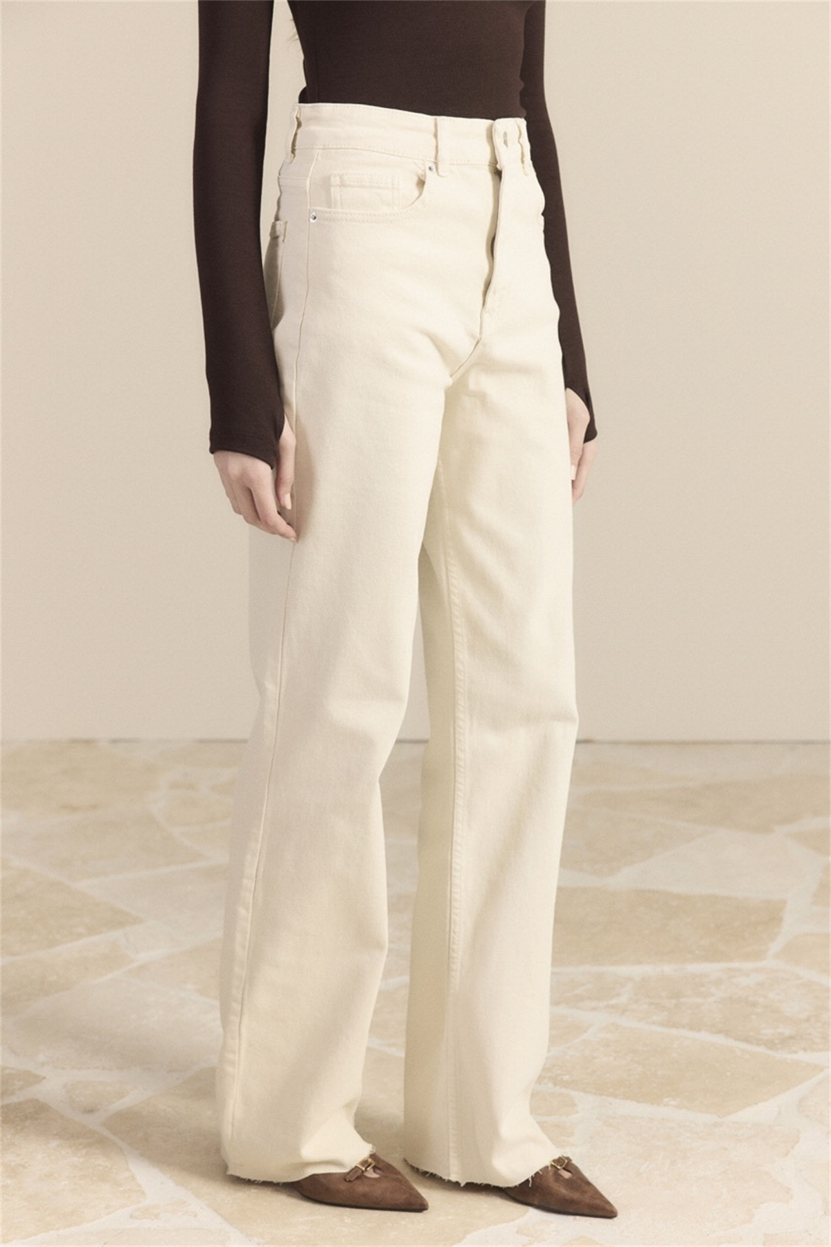 Yüksek Bel Straight Kot Pantolon - Krem