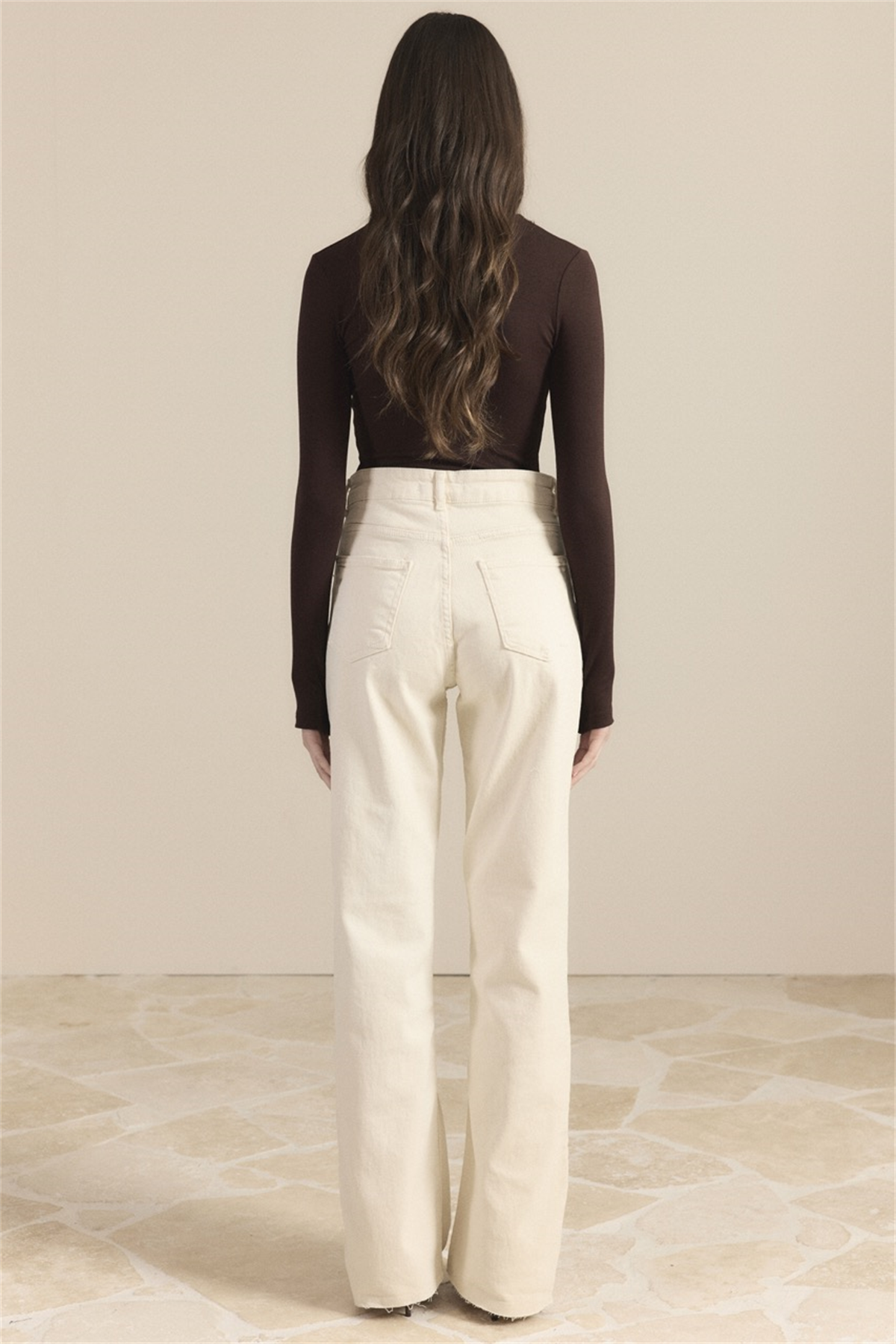 Yüksek Bel Straight Kot Pantolon - Krem