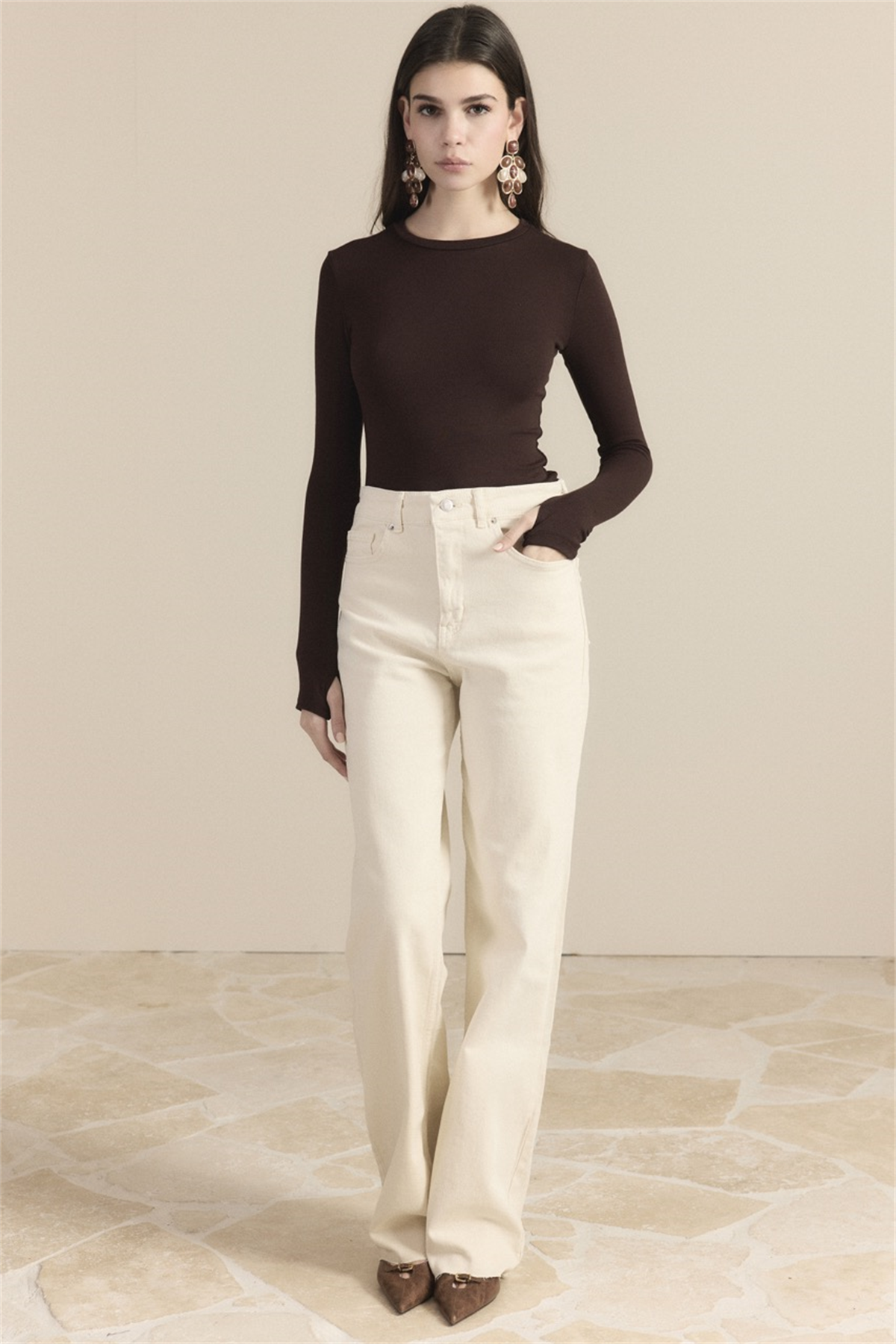 Yüksek Bel Straight Kot Pantolon - Krem