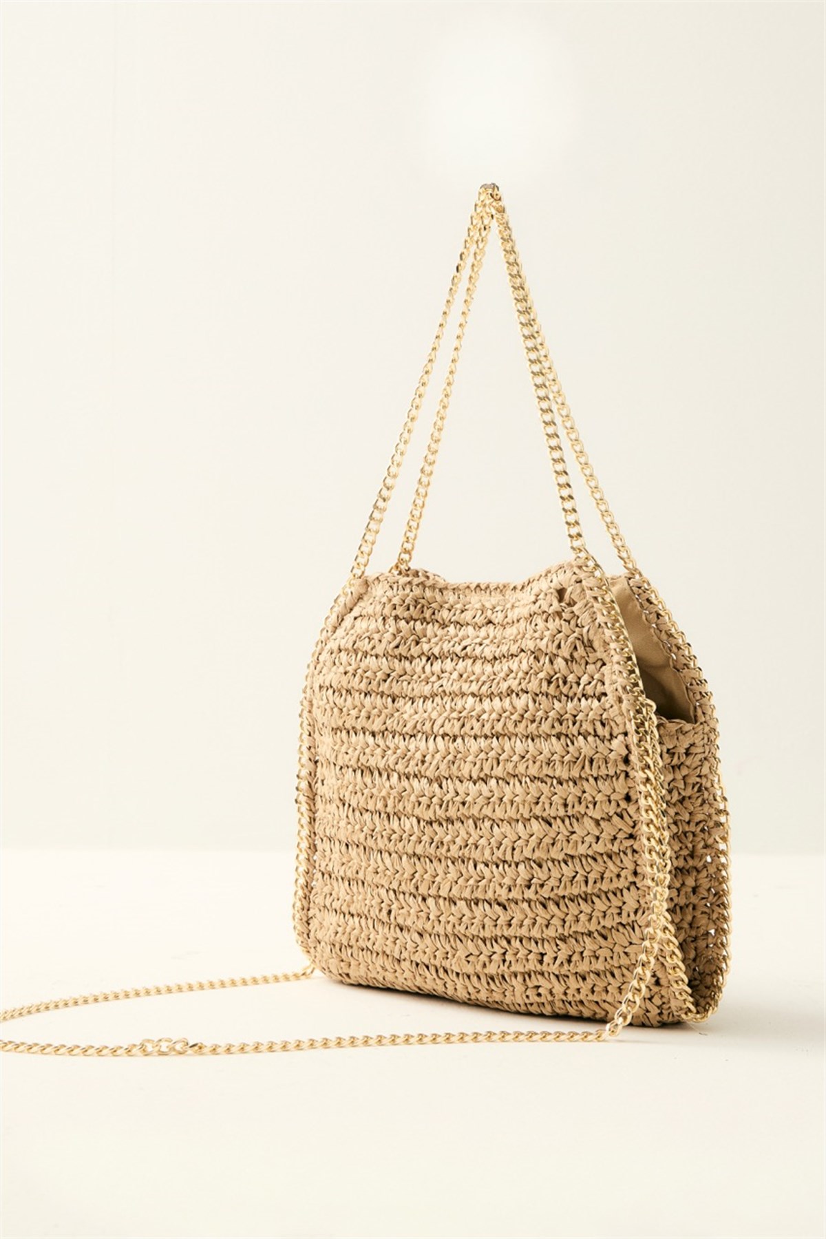Zincir Askılı Hasır Çanta - Camel