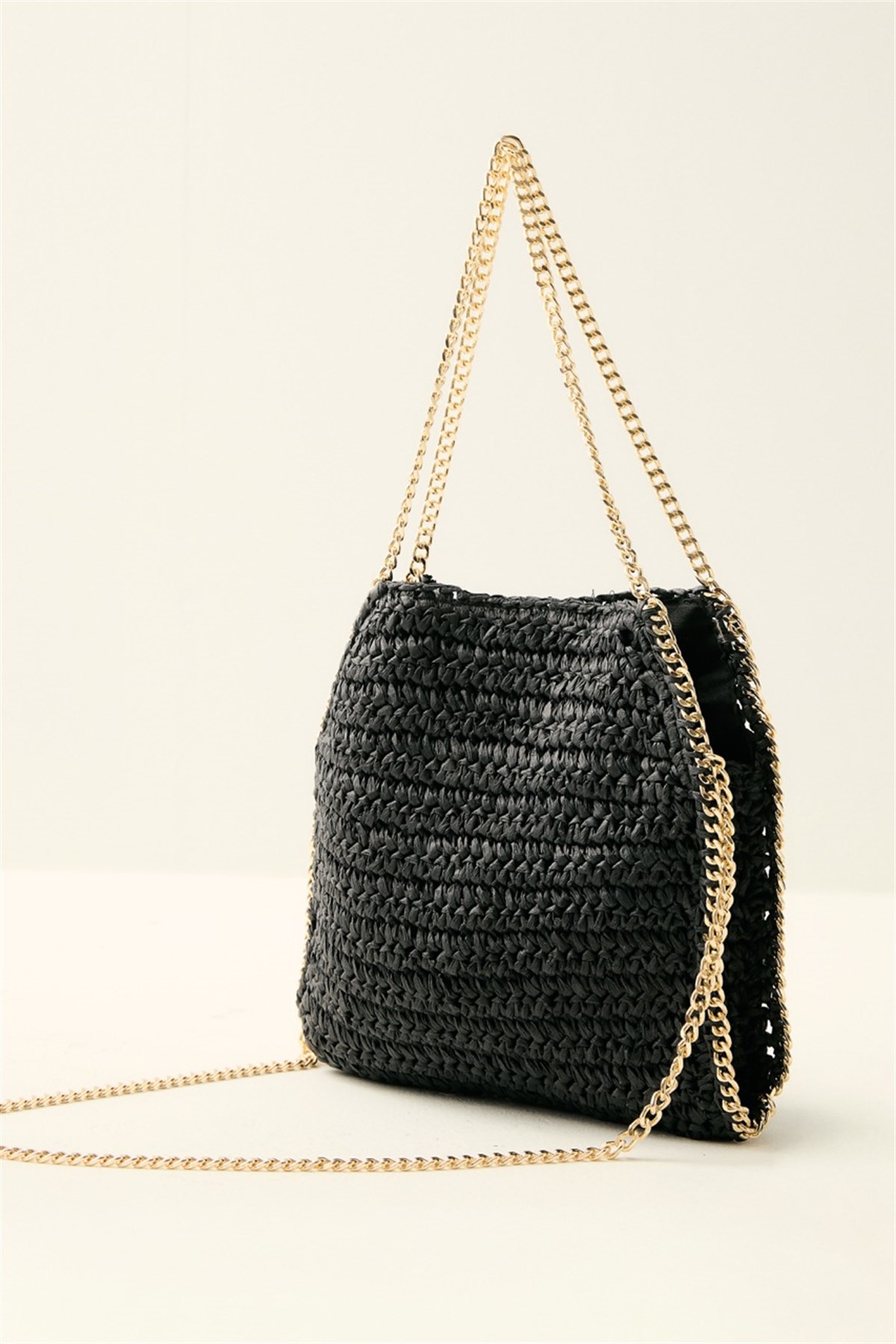Zincir Askılı Hasır Çanta - Siyah