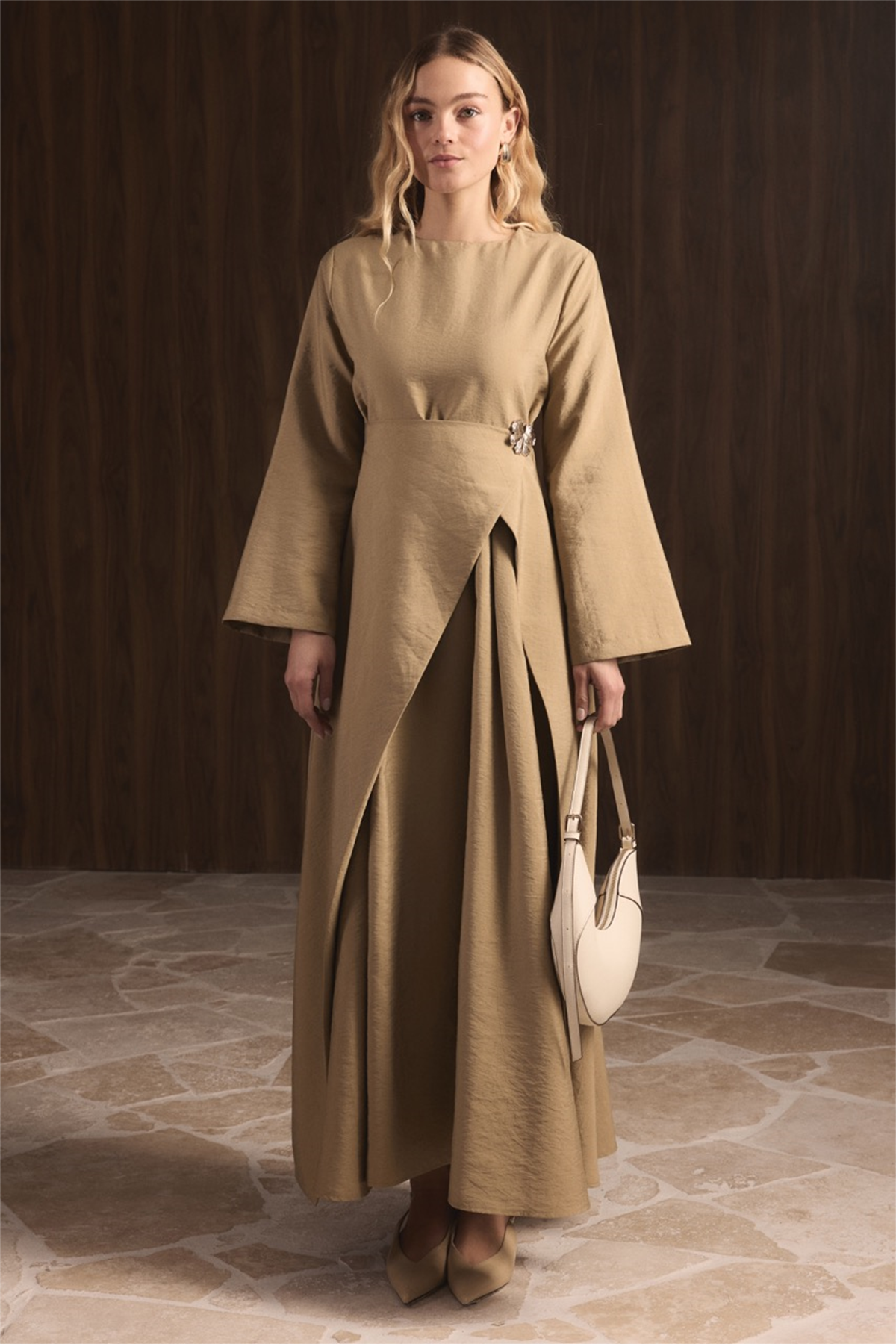 Zoye Önü Broşlu Cupra Elbise - Haki