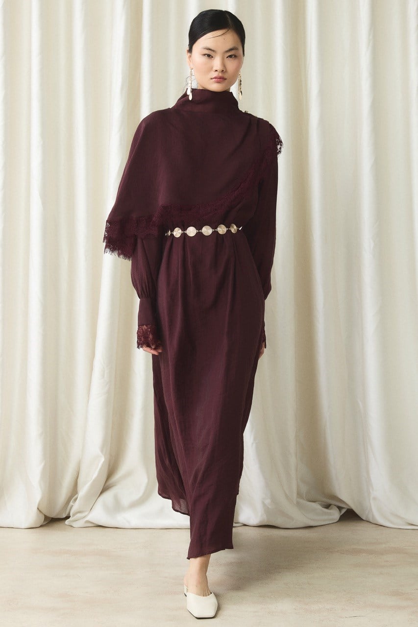 Aller Dantel Detaylı Elbise - Bordo